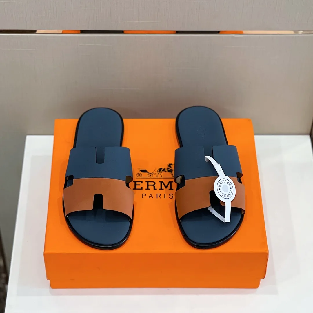 Hermes Izmir Sandals Dark Blue/ Brown - Image 8
