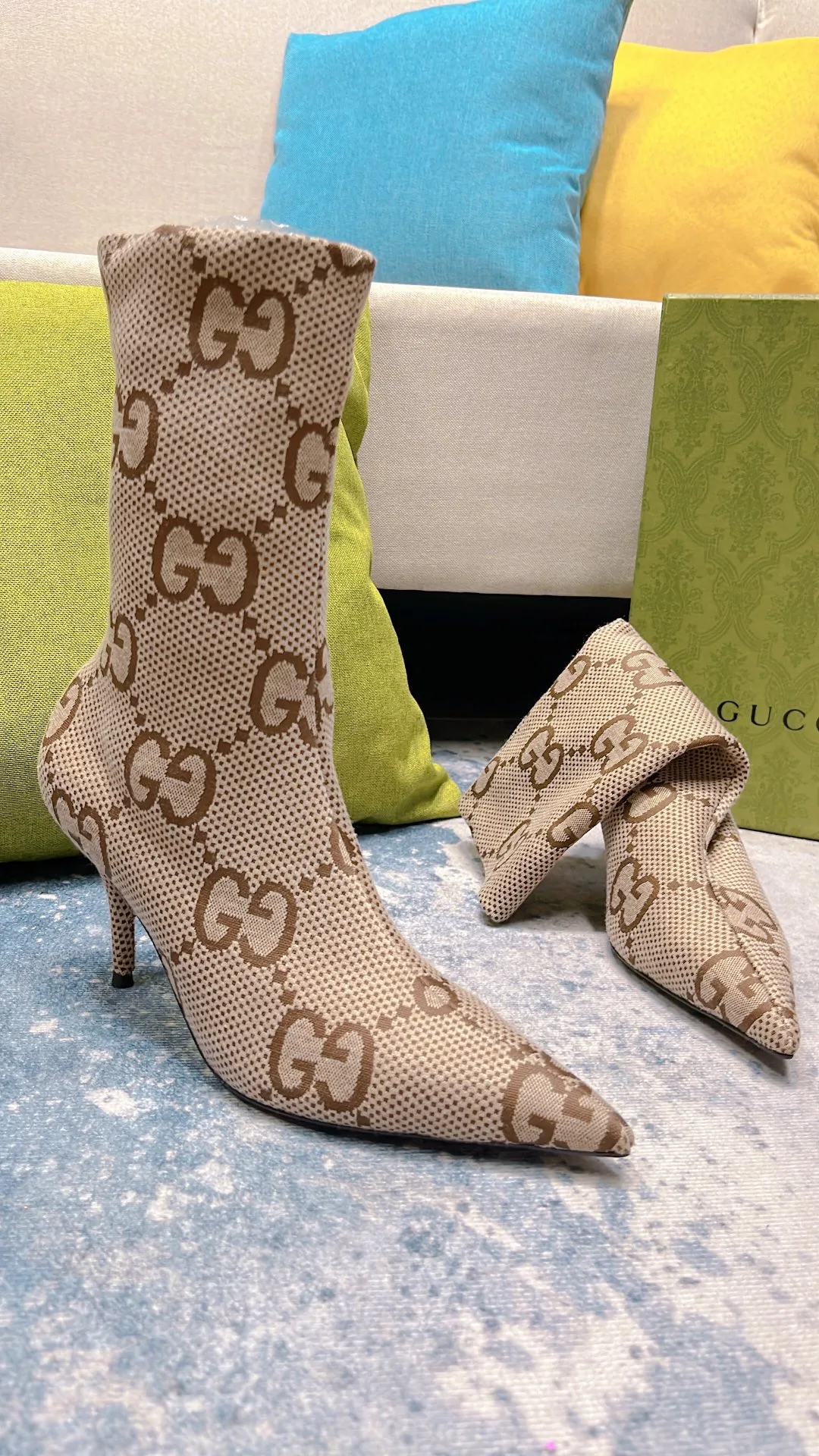 Gucci Women’s Lisa Monogram Canvas Ankle Boots Beige - Image 7