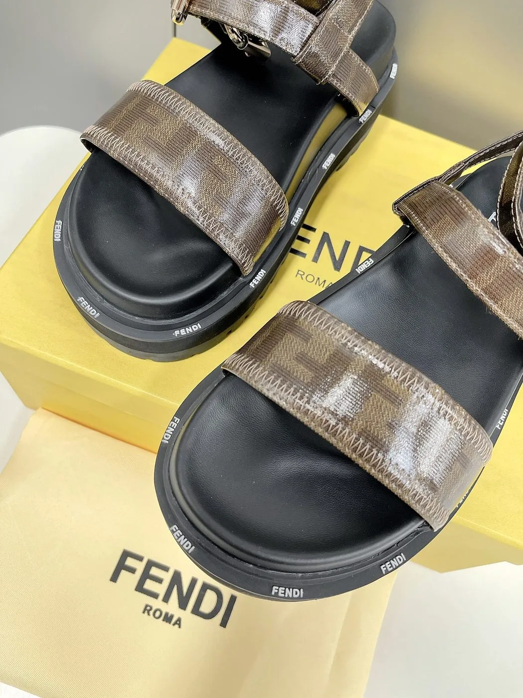 Fendi Brown FF Jacquard Sandals - Image 4