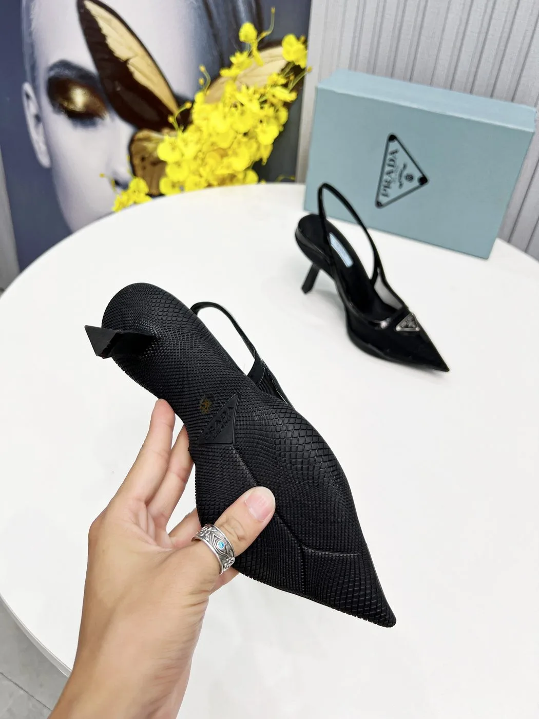 Prada Mesh Fabric Slingback Pumps Black - Image 2