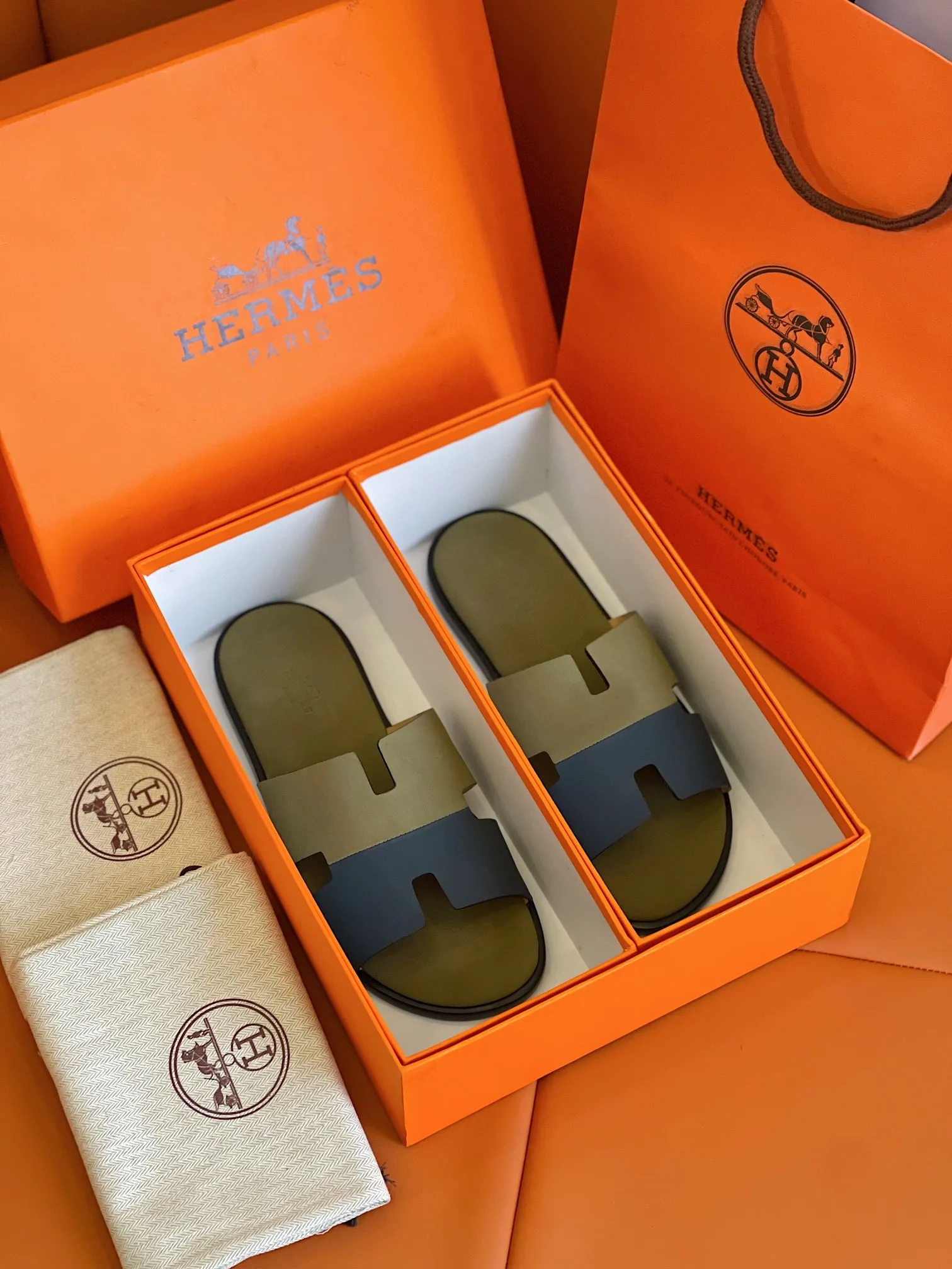 Alternative view of Hermes Izmir Sandals Fluorescent Green/ Blue