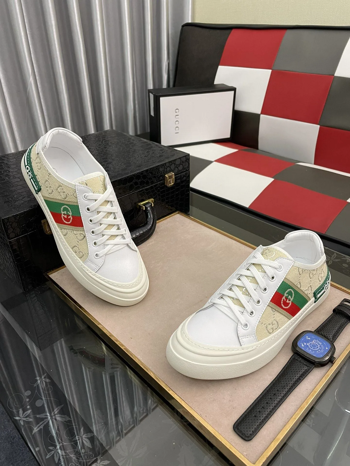 Gucci Men’s GG Embroidery Sneaker With Web White And Beige - Image 5