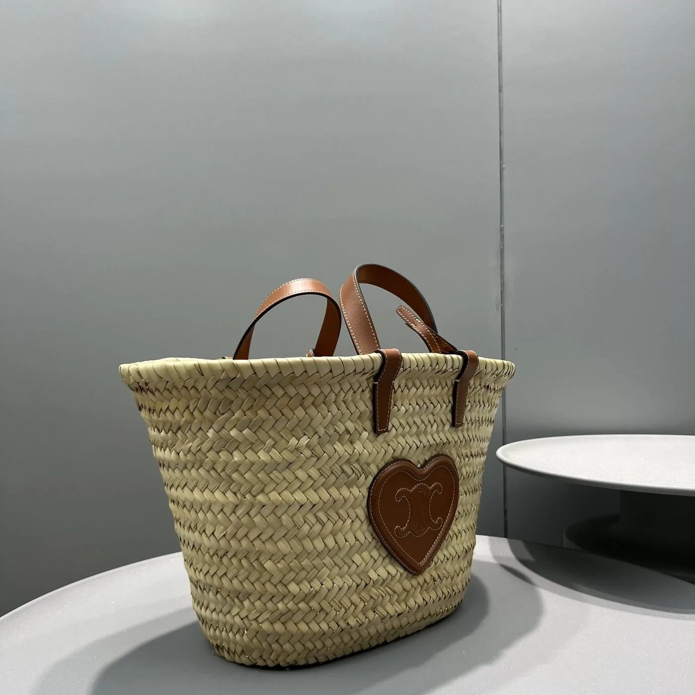 Celine Teen Triomphe Celine Classic Panier In Palm Leaves With Heart Patch Brown / .04LU - Image 4