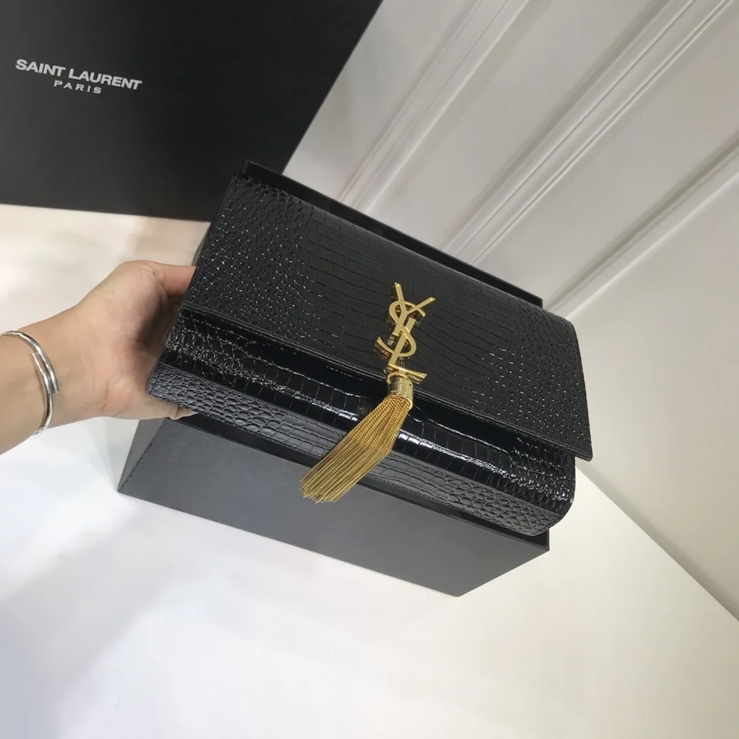 Saint Laurent Kate Medium Chain Bag With Tassel In Embossed Crocodile Black / YSL - Image 2