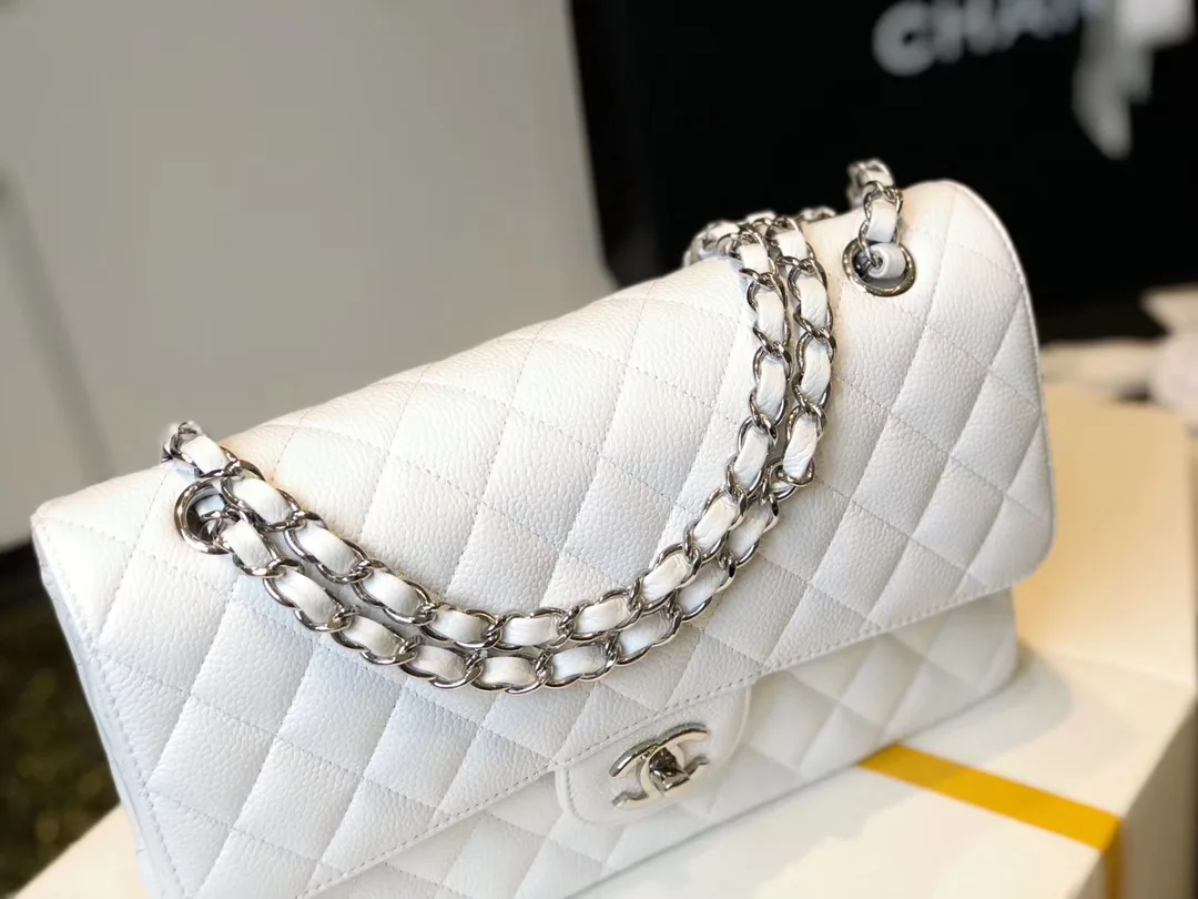 Chanel Classic Flap Bag Medium Crossbody / White Silver Hardware - Image 5