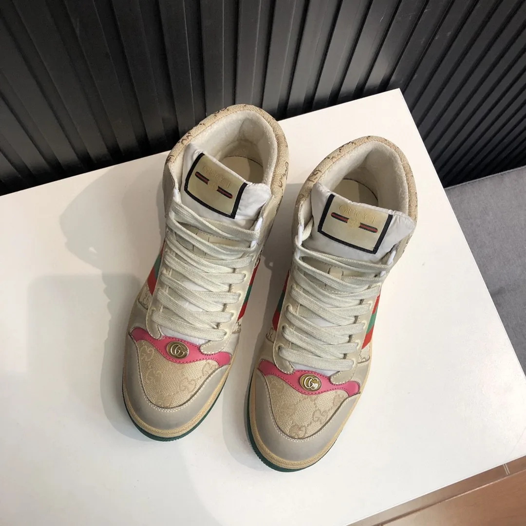 Gucci Men’s Screener GG Distressed High Top Off-White Pink - Image 9