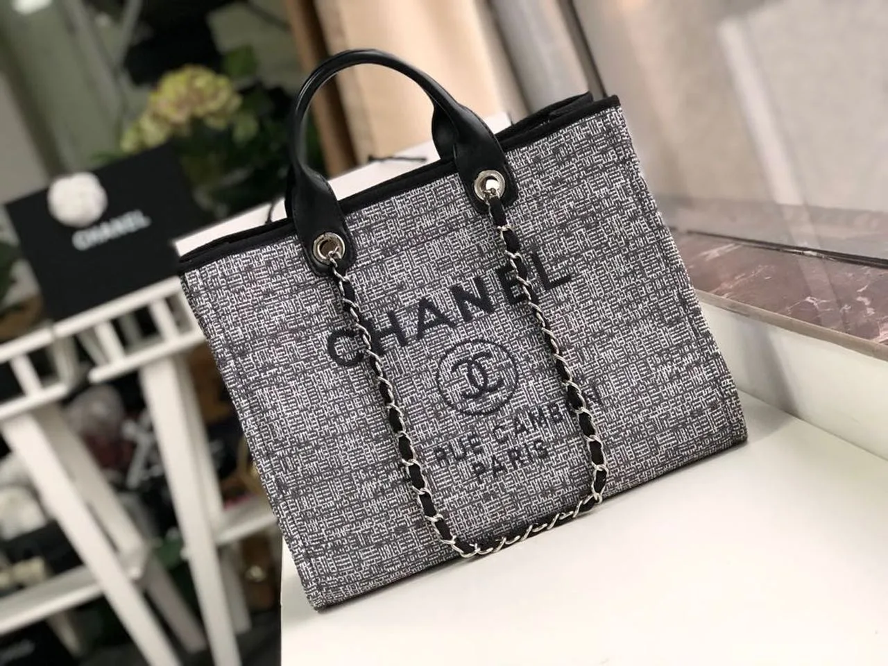 Alternative view of Chanel Deauville Tote Bag / Black/Grey Canvas Silver Hardware
