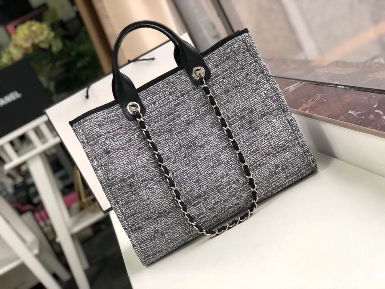 Chanel Deauville Tote Bag / Black/Grey Canvas Silver Hardware - Image 3