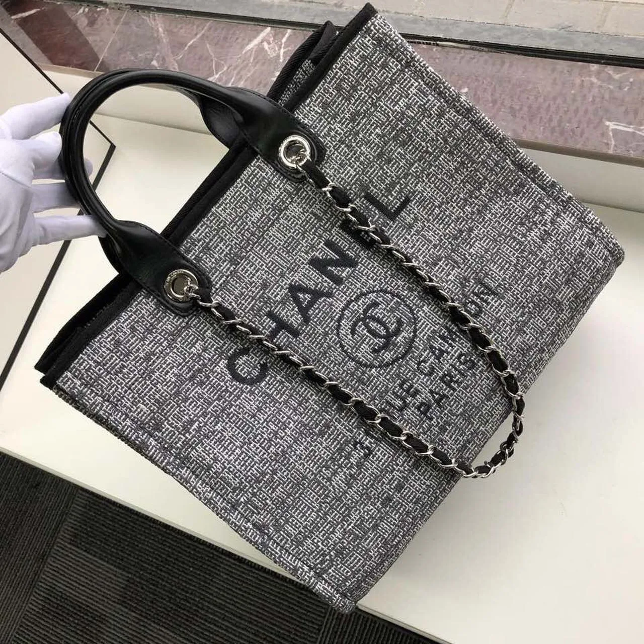 Chanel Deauville Tote Bag / Black/Grey Canvas Silver Hardware - Image 4