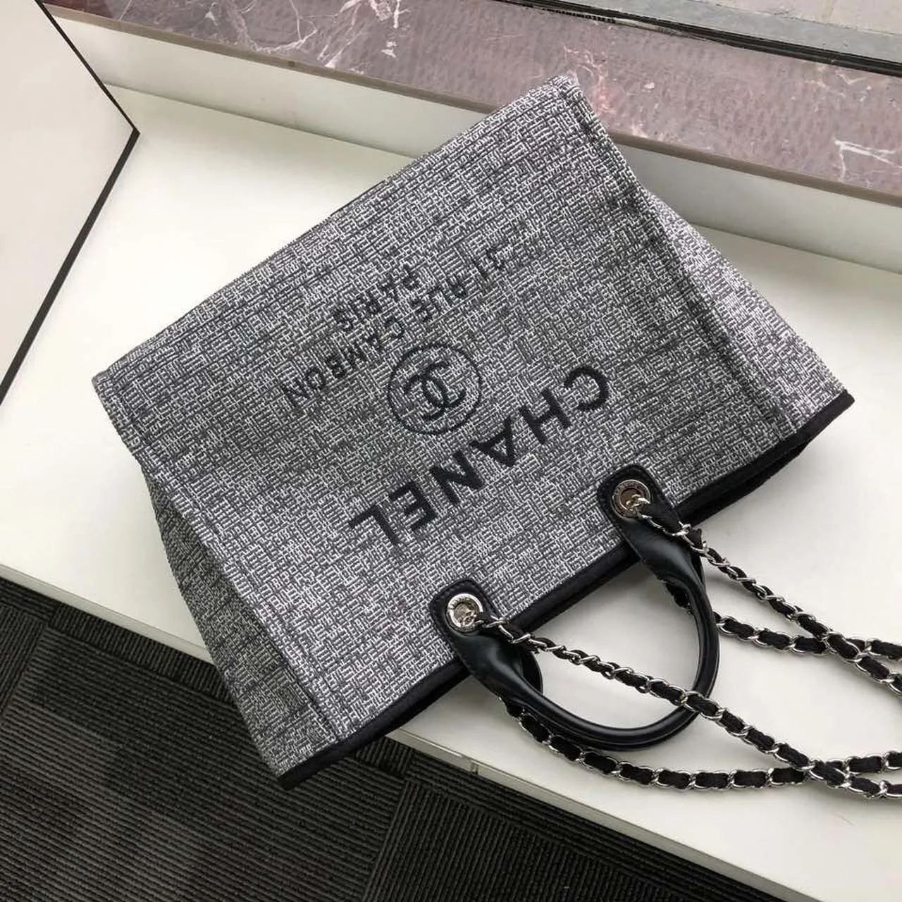 Chanel Deauville Tote Bag / Black/Grey Canvas Silver Hardware - Image 5