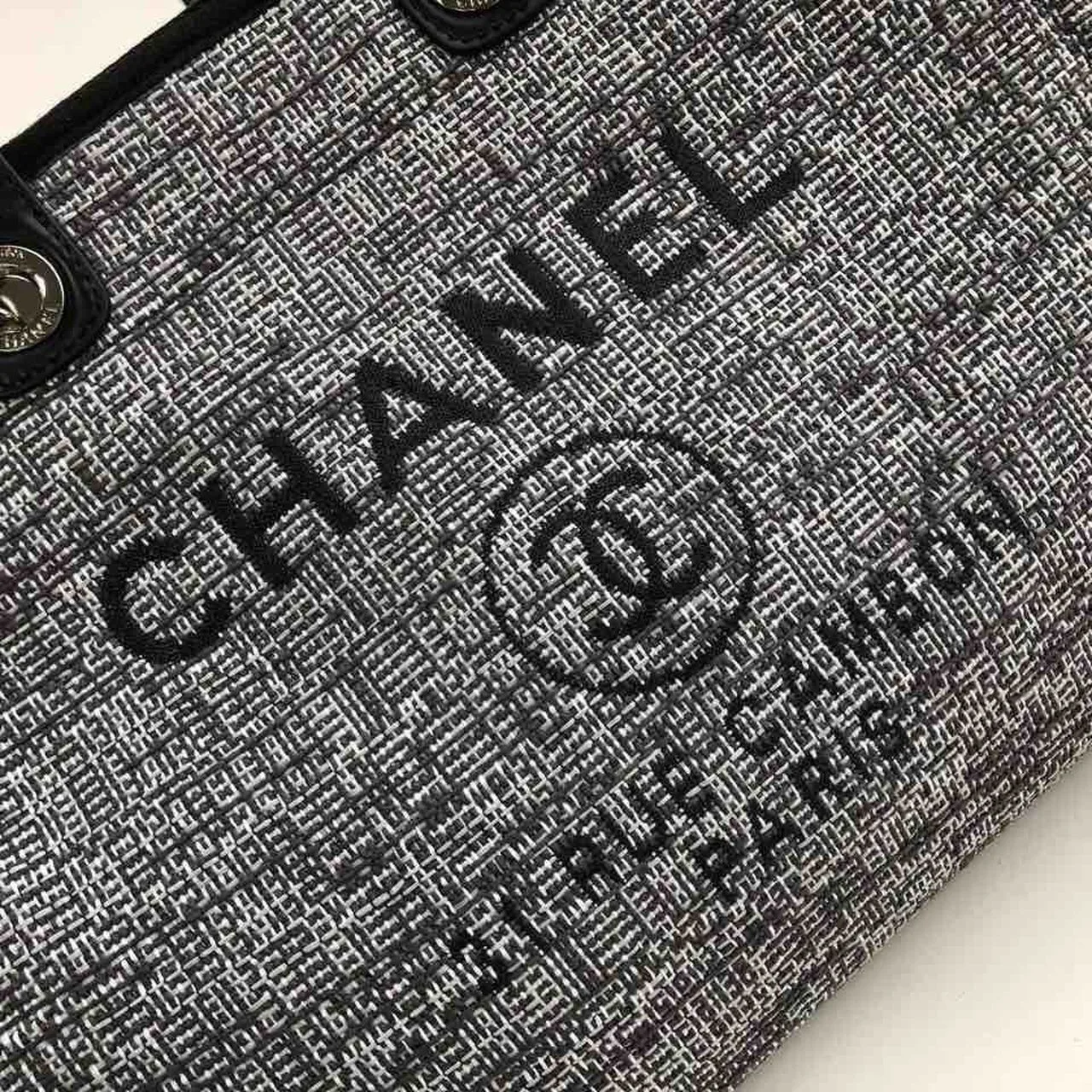 Chanel Deauville Tote Bag / Black/Grey Canvas Silver Hardware - Image 7