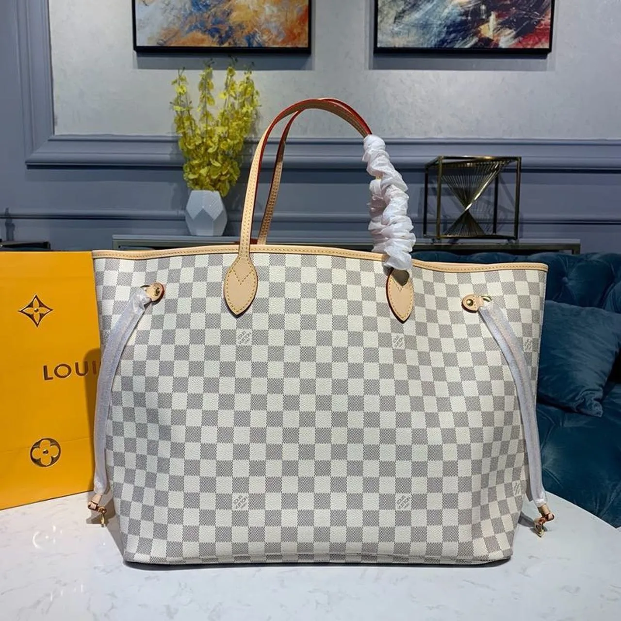 Louis Vuitton Neverfull GM Tote Bag / Rose Ballerine Pink Damier Azur Gold Hardware - Image 3