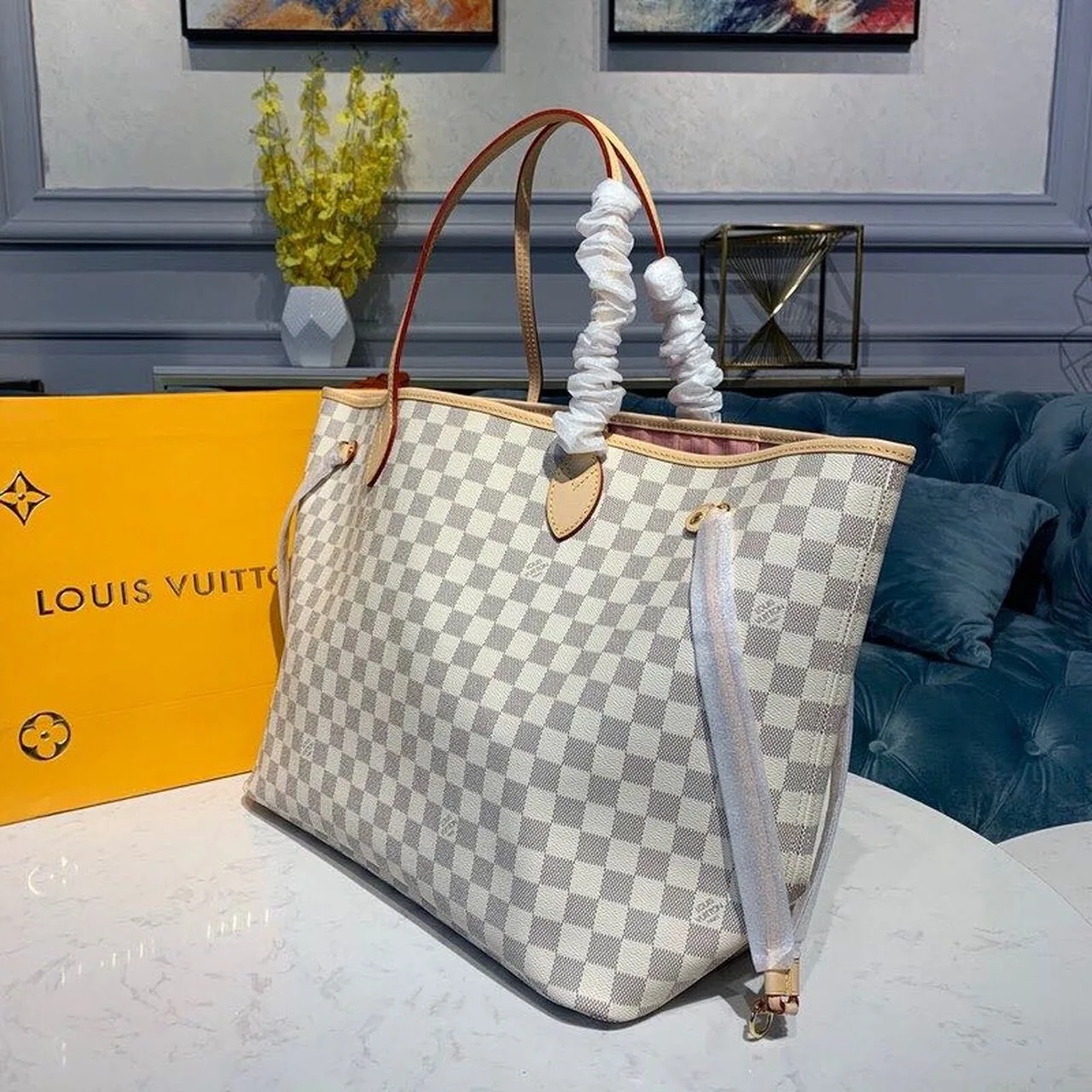 Louis Vuitton Neverfull GM Tote Bag / Rose Ballerine Pink Damier Azur Gold Hardware - Image 4