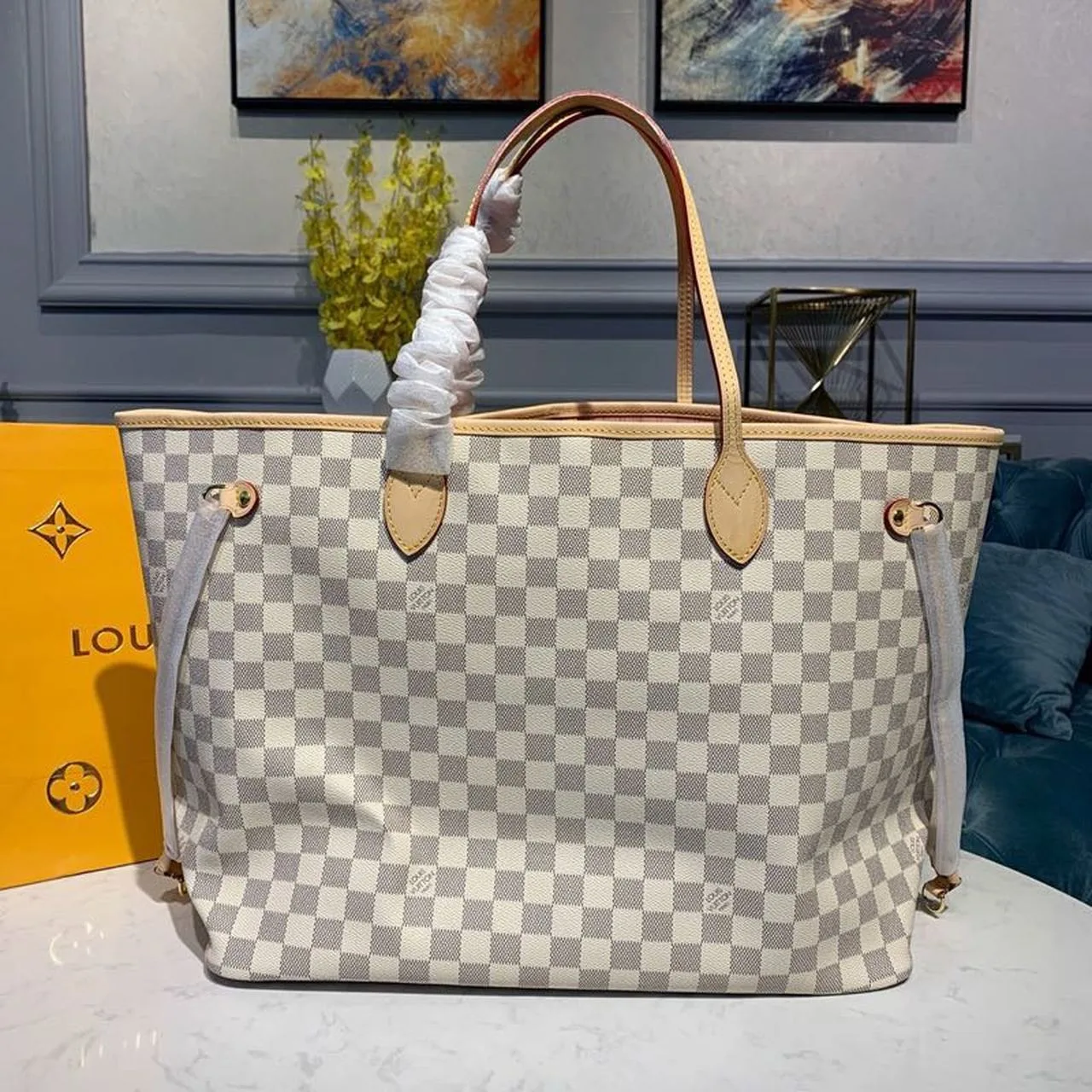 Louis Vuitton Neverfull GM Tote Bag / Rose Ballerine Pink Damier Azur Gold Hardware - Image 5