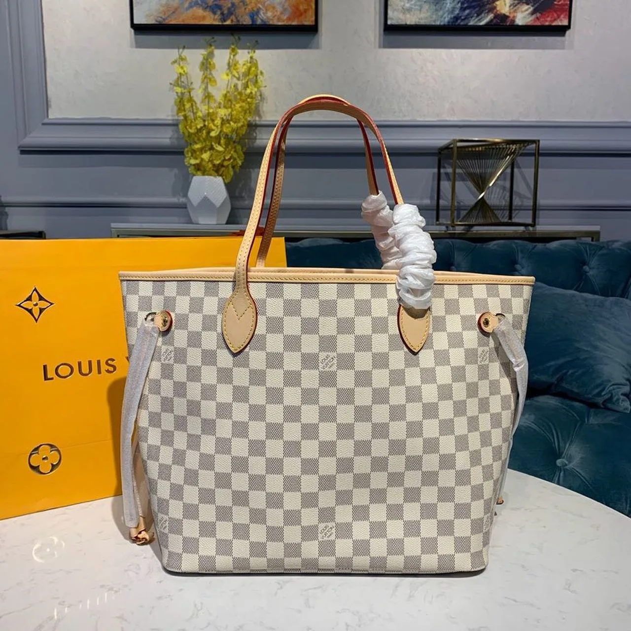Louis Vuitton Neverfull MM Tote Bag / Rose Ballerine Pink Damier Azur Canvas - Image 3