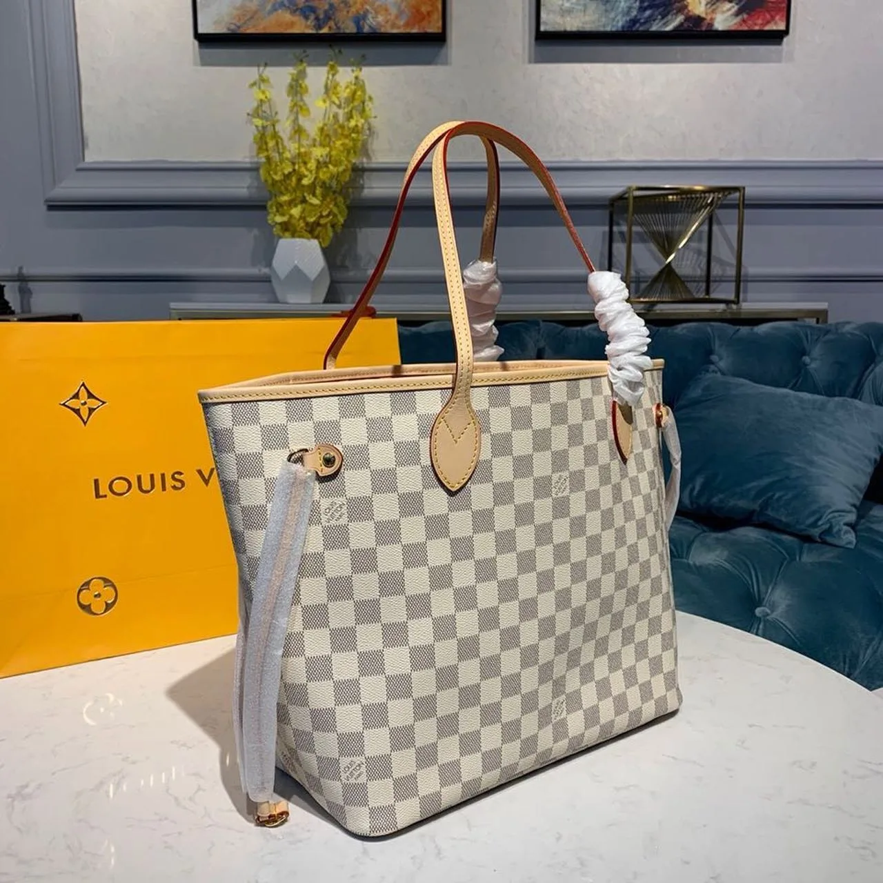 Louis Vuitton Neverfull MM Tote Bag / Rose Ballerine Pink Damier Azur Canvas - Image 4