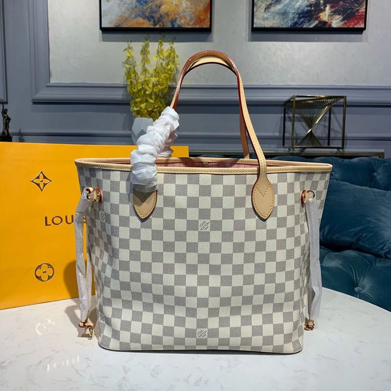 Louis Vuitton Neverfull MM Tote Bag / Rose Ballerine Pink Damier Azur Canvas - Image 5