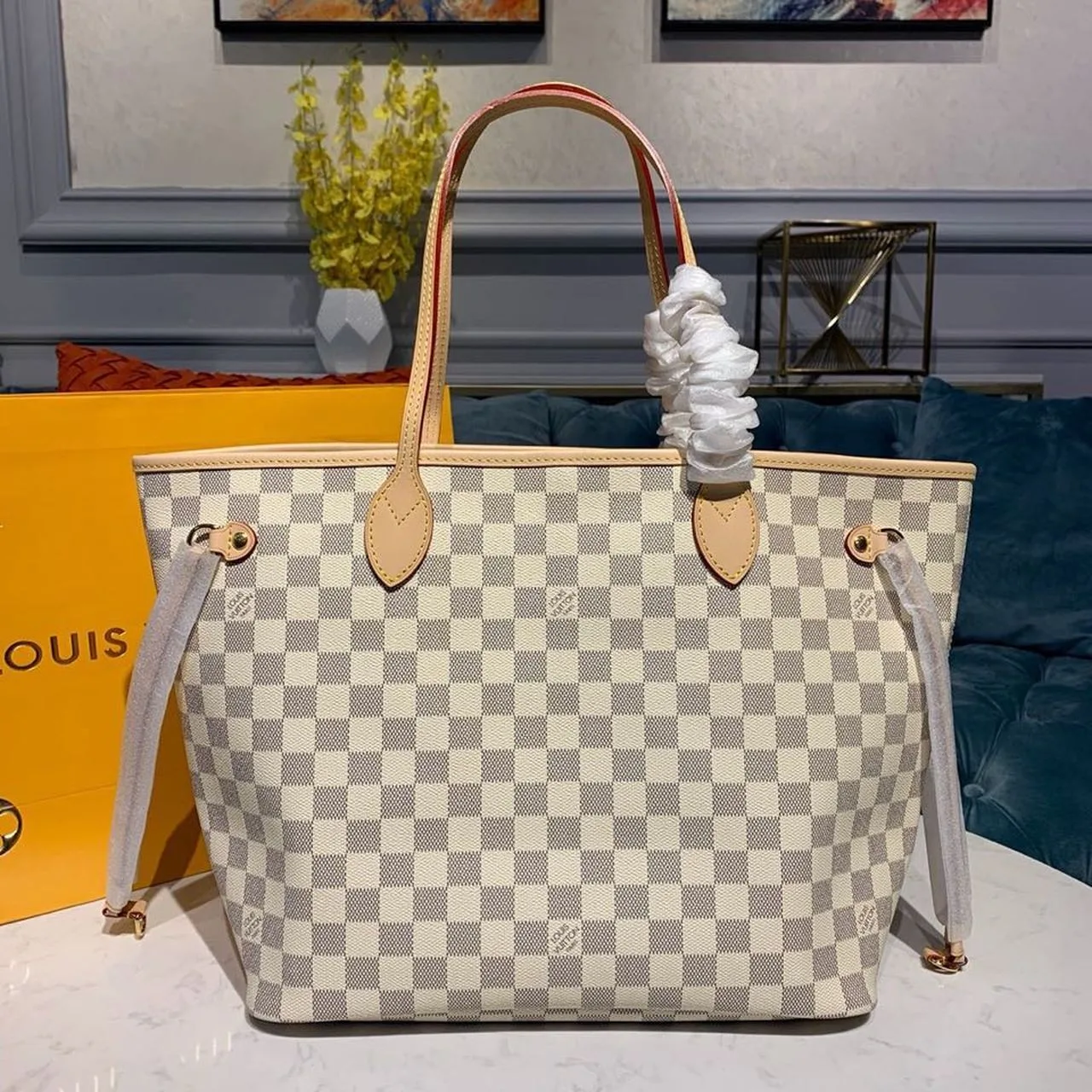Louis Vuitton Neverfull MM Tote Bag / Beige Damier Azur Canvas Gold Hardware - Image 3