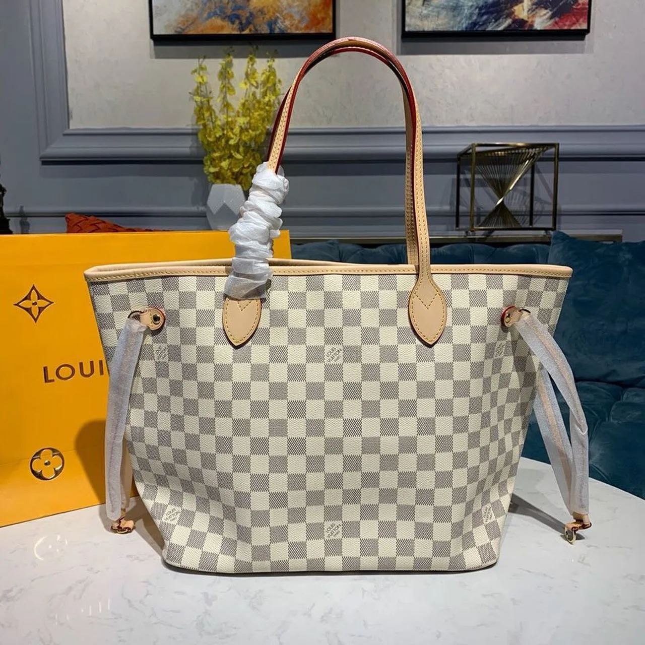 Louis Vuitton Neverfull MM Tote Bag / Beige Damier Azur Canvas Gold Hardware - Image 4
