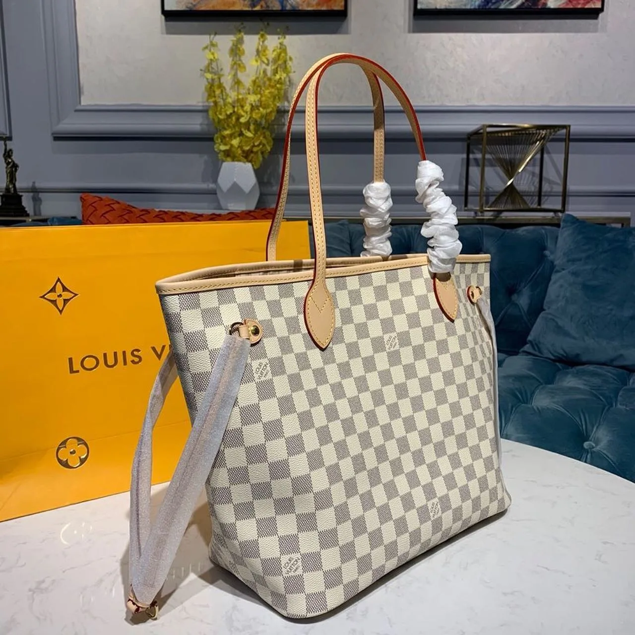 Louis Vuitton Neverfull MM Tote Bag / Beige Damier Azur Canvas Gold Hardware - Image 5