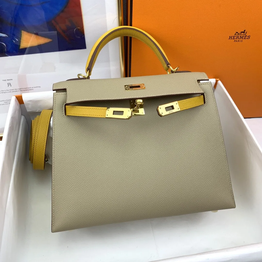 Hermes Kelly 25 Sellier Epsom Greige/Yellow Bag - Image 4