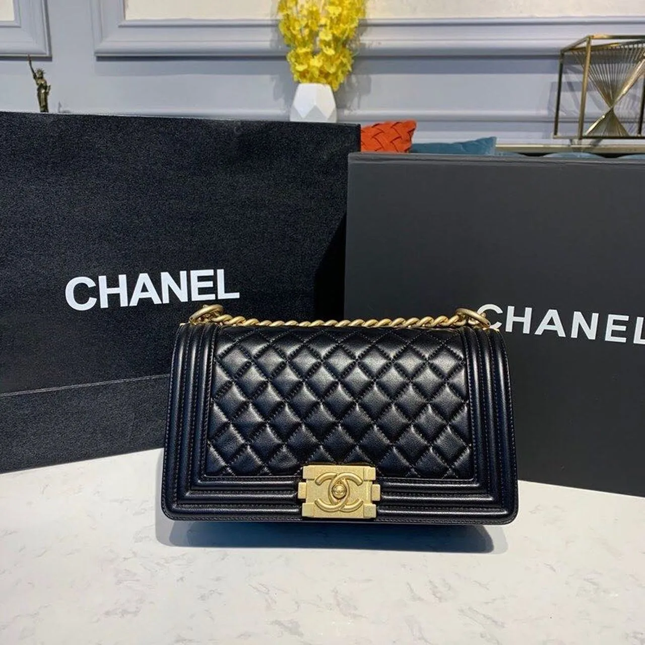 Chanel Boy Medium Crossbody Bag / Black Gold Hardware - Image 3
