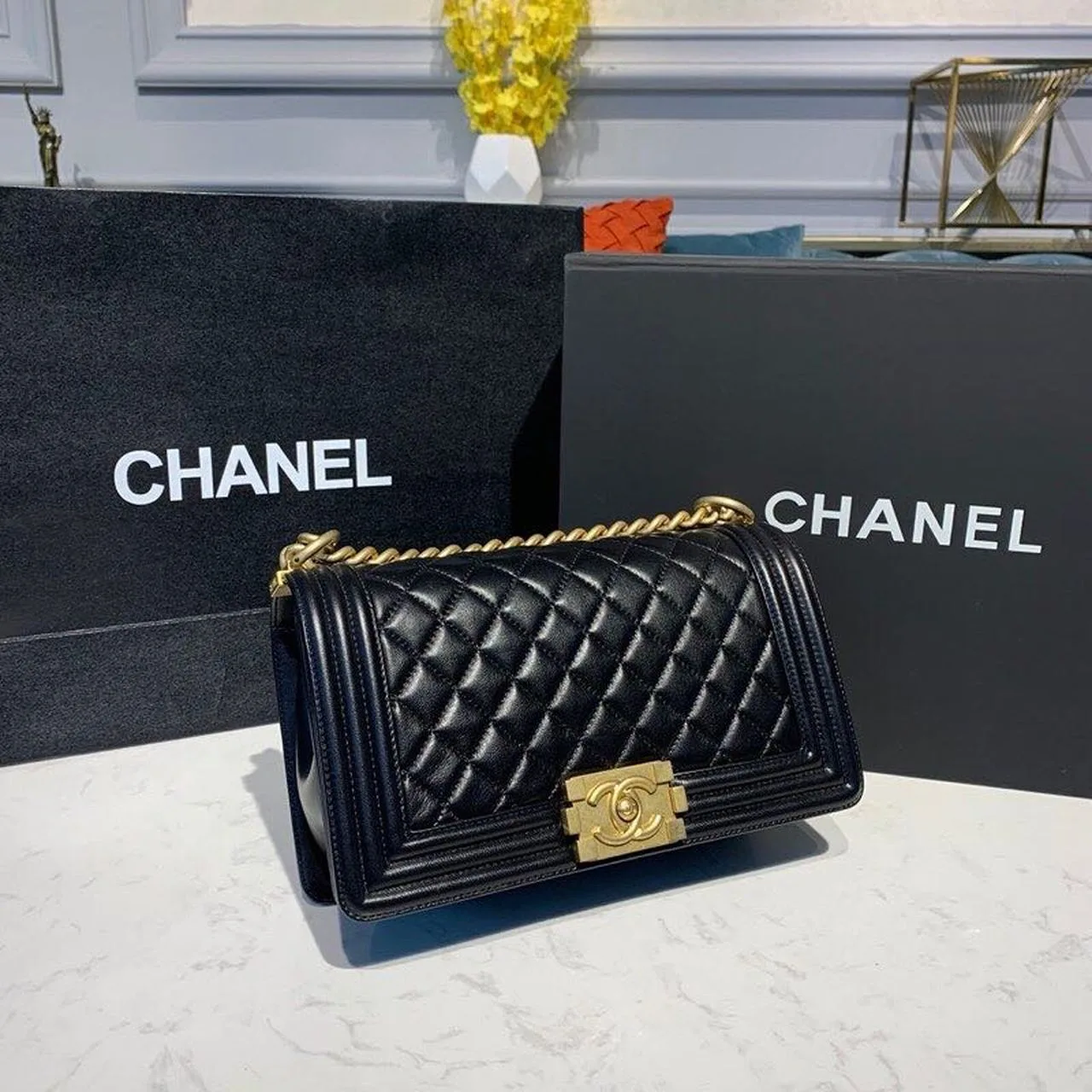 Chanel Boy Medium Crossbody Bag / Black Gold Hardware - Image 4