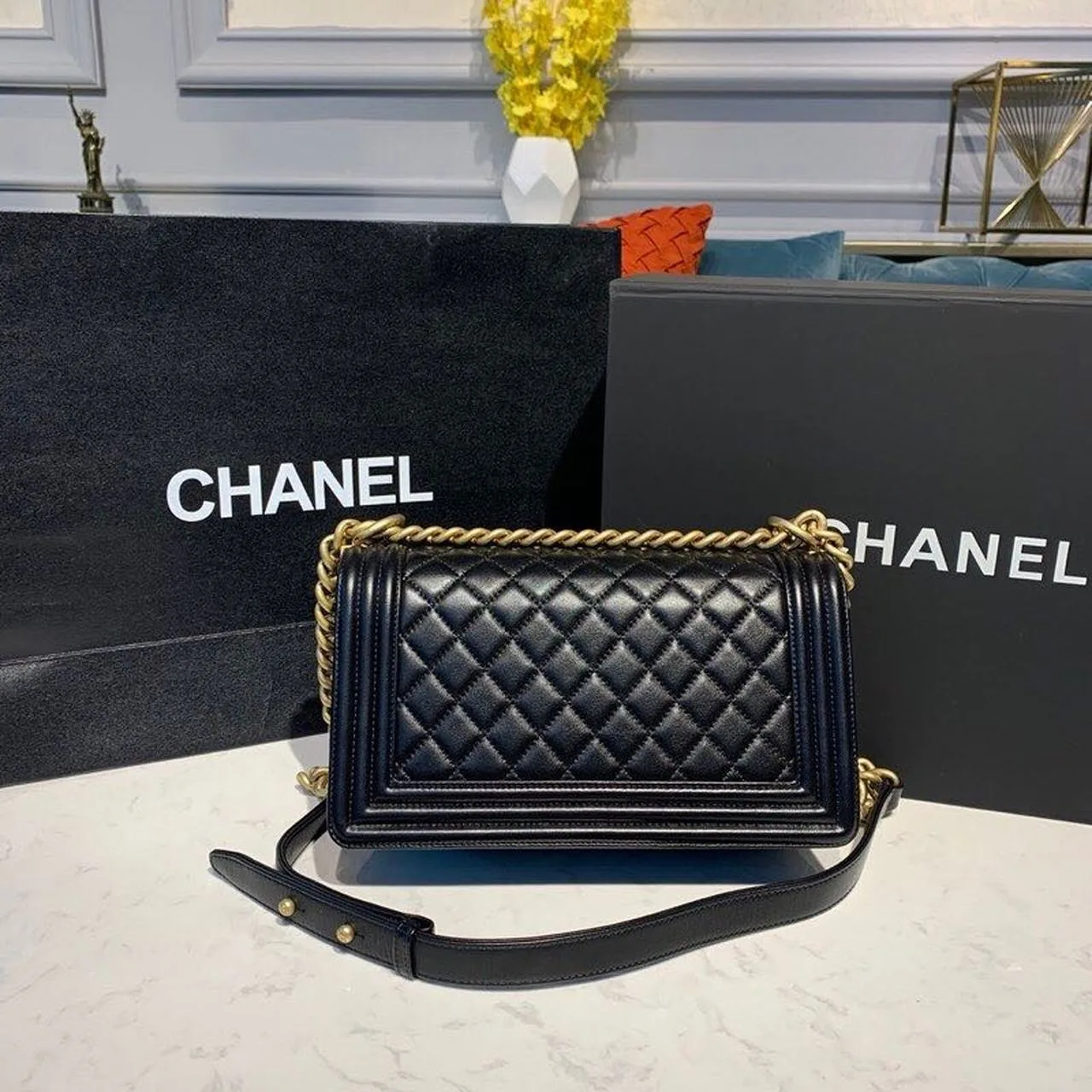Chanel Boy Medium Crossbody Bag / Black Gold Hardware - Image 6
