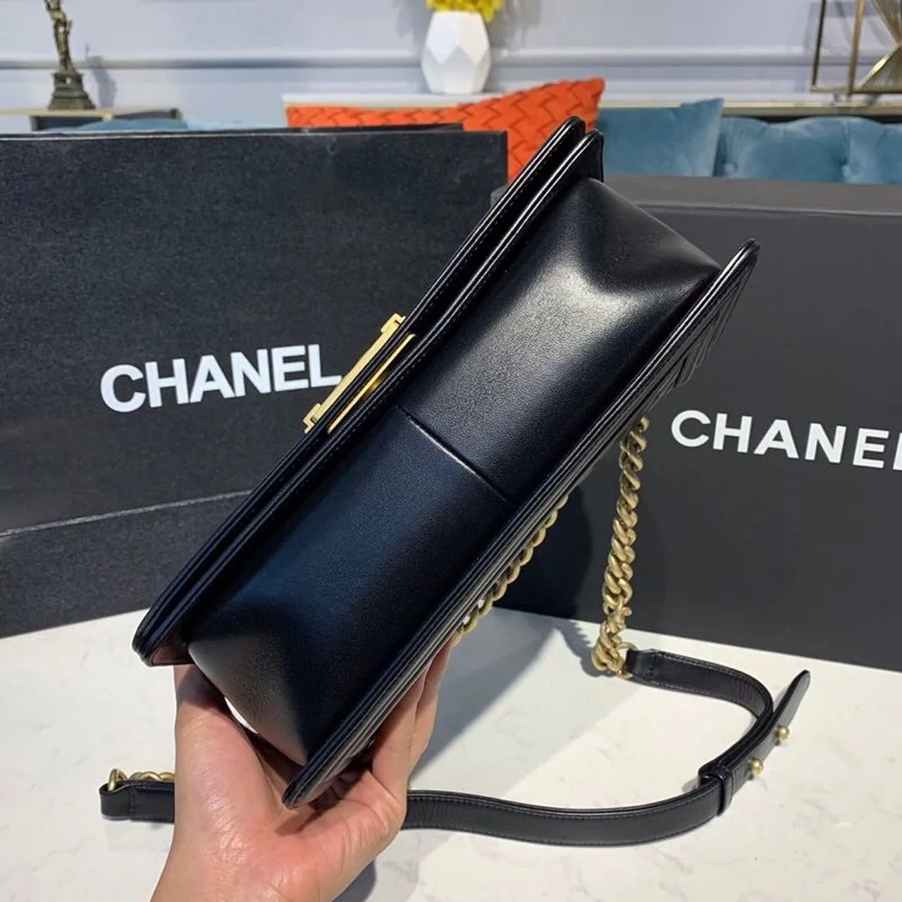 Chanel Boy Medium Crossbody Bag / Black Gold Hardware - Image 7
