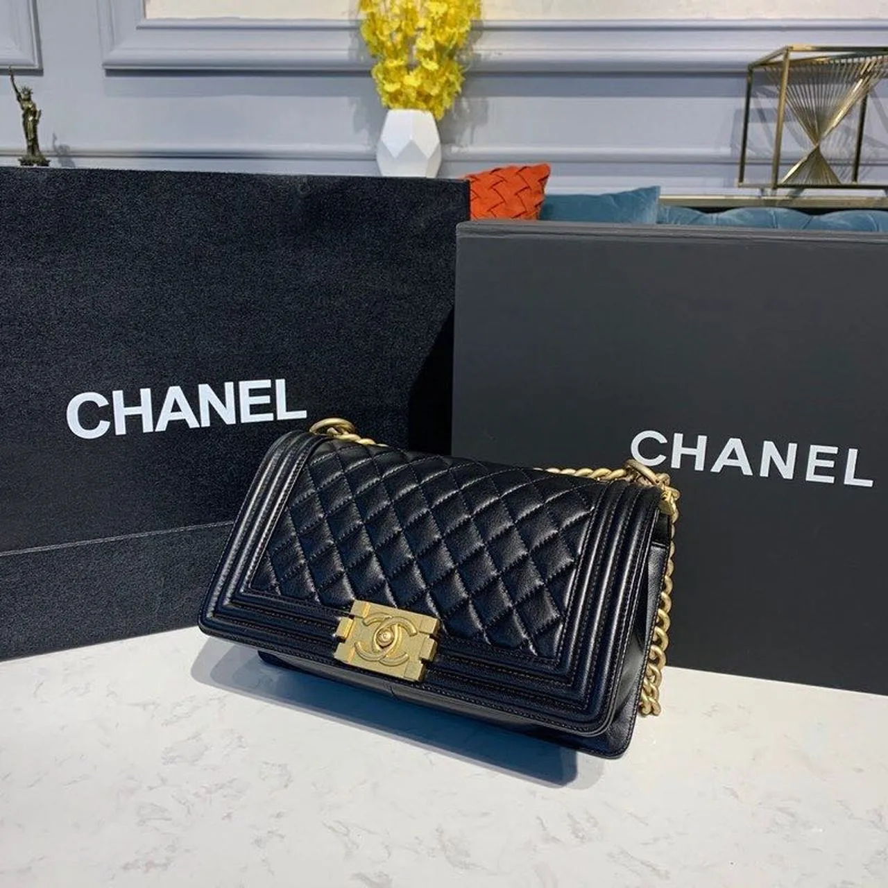 Chanel Boy Medium Crossbody Bag / Black Gold Hardware - Image 5