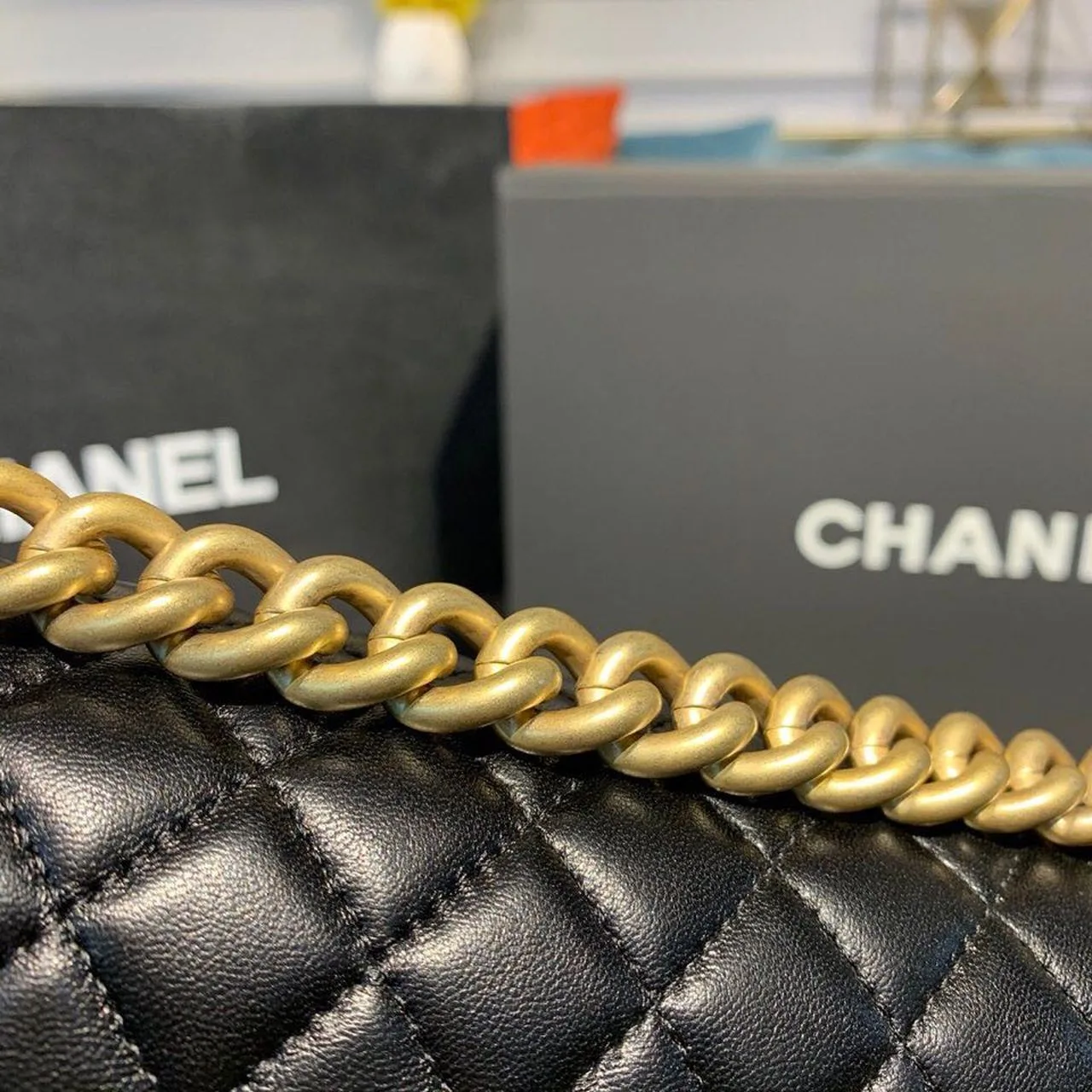 Chanel Boy Medium Crossbody Bag / Black Gold Hardware - Image 9