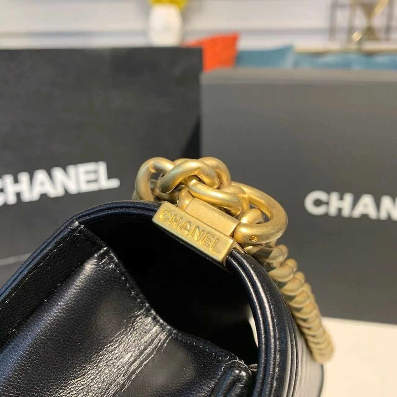 Chanel Boy Medium Crossbody Bag / Black Gold Hardware - Image 10