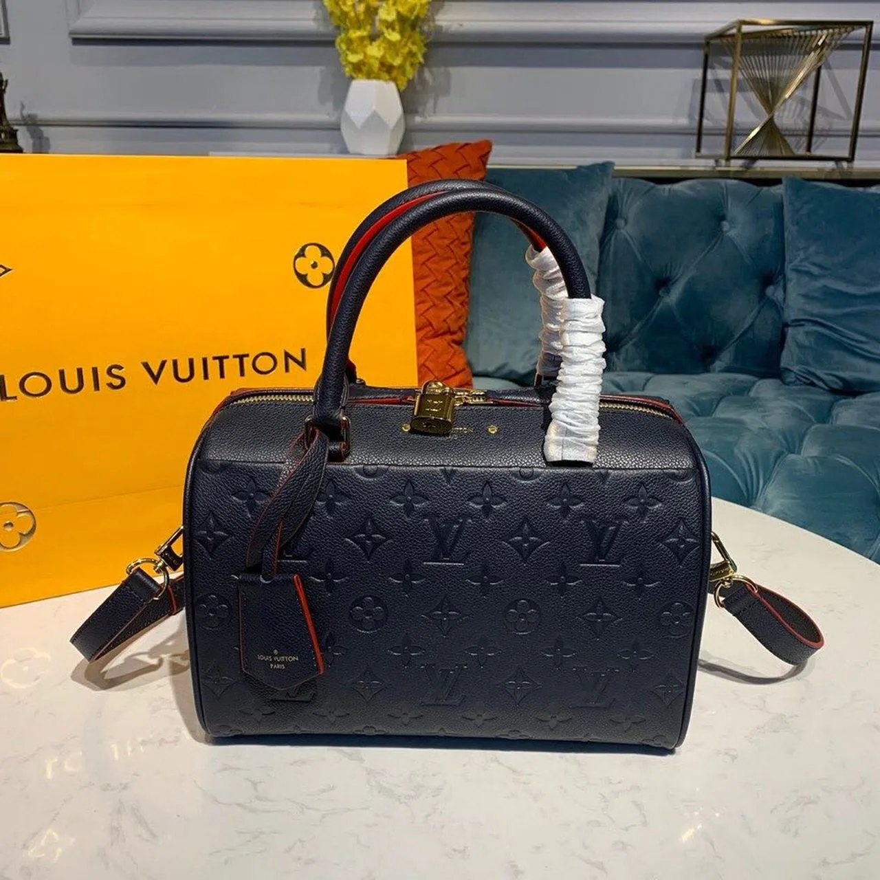 Louis Vuitton Speedy Bandouliere 25 Top Handle Bag / Navy Blue Monogram Empreinte Gold Hardware - Image 3