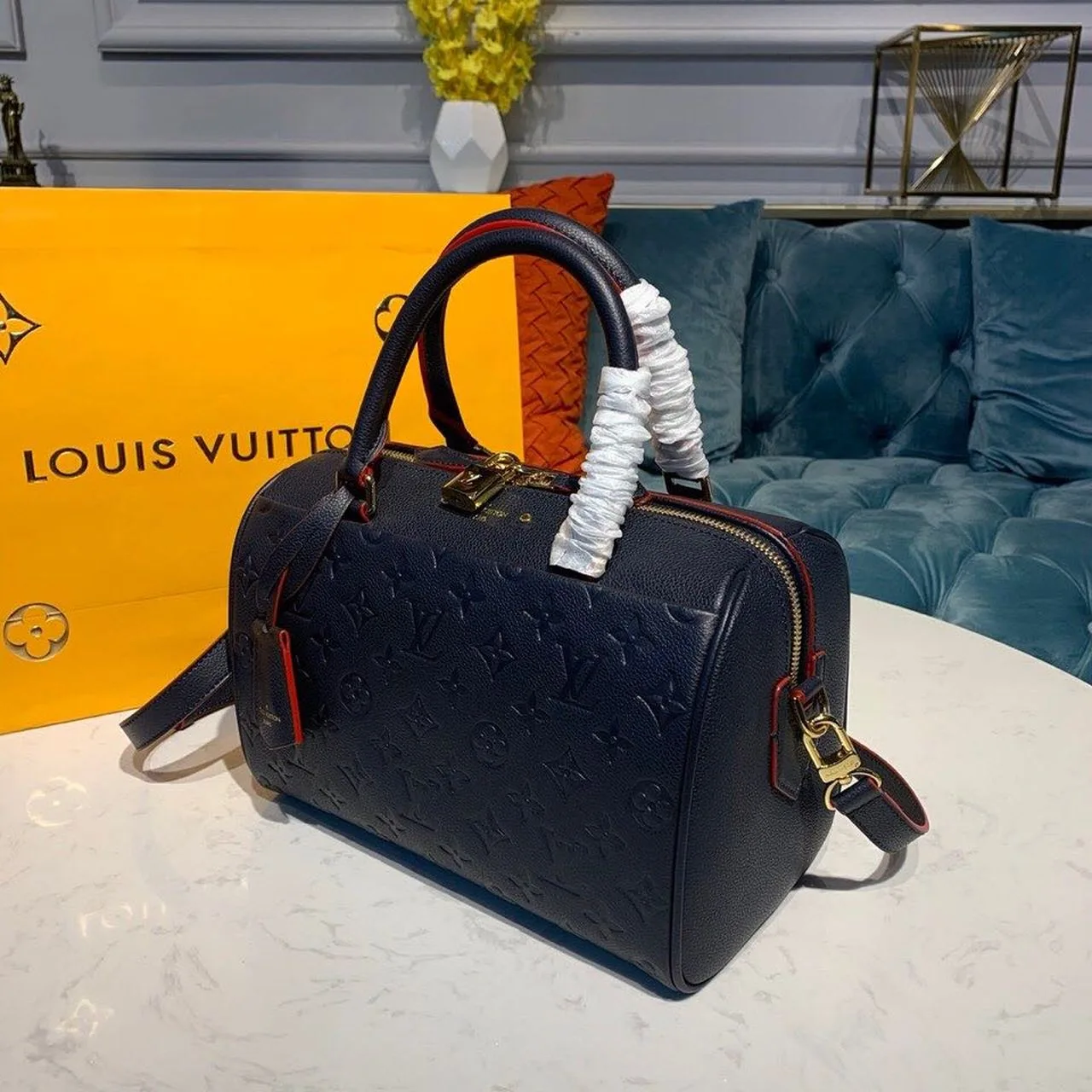 Louis Vuitton Speedy Bandouliere 25 Top Handle Bag / Navy Blue Monogram Empreinte Gold Hardware - Image 4