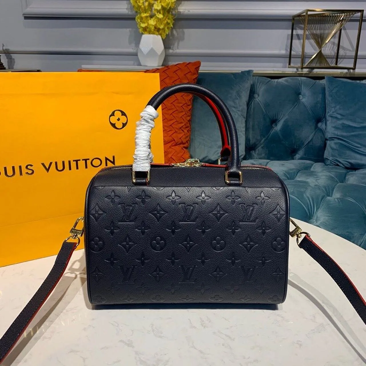 Louis Vuitton Speedy Bandouliere 25 Top Handle Bag / Navy Blue Monogram Empreinte Gold Hardware - Image 5