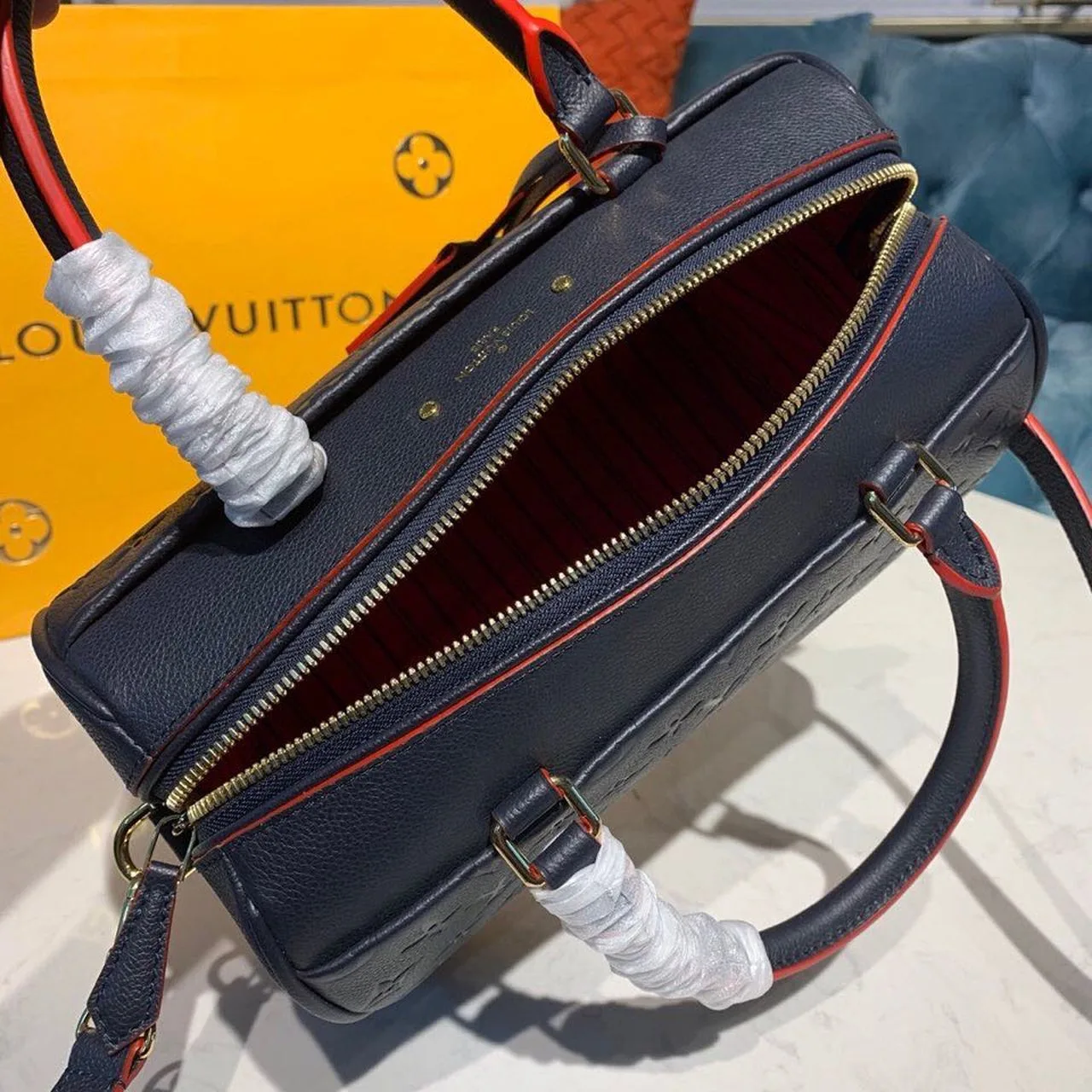 Louis Vuitton Speedy Bandouliere 25 Top Handle Bag / Navy Blue Monogram Empreinte Gold Hardware - Image 8