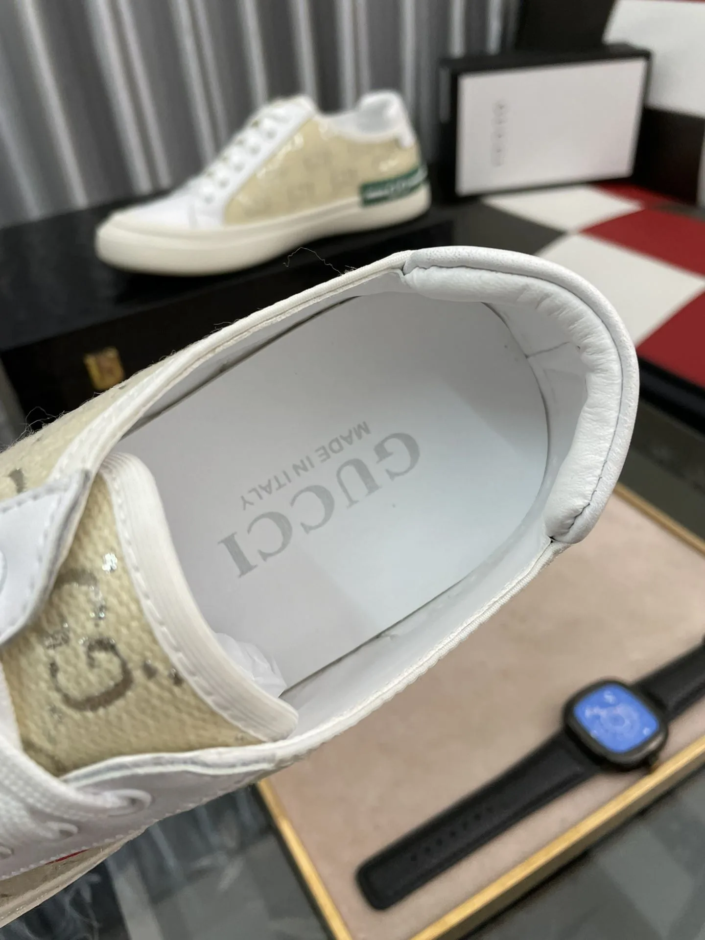 Gucci Men’s GG Embroidery Sneaker With Web White And Beige - Image 9