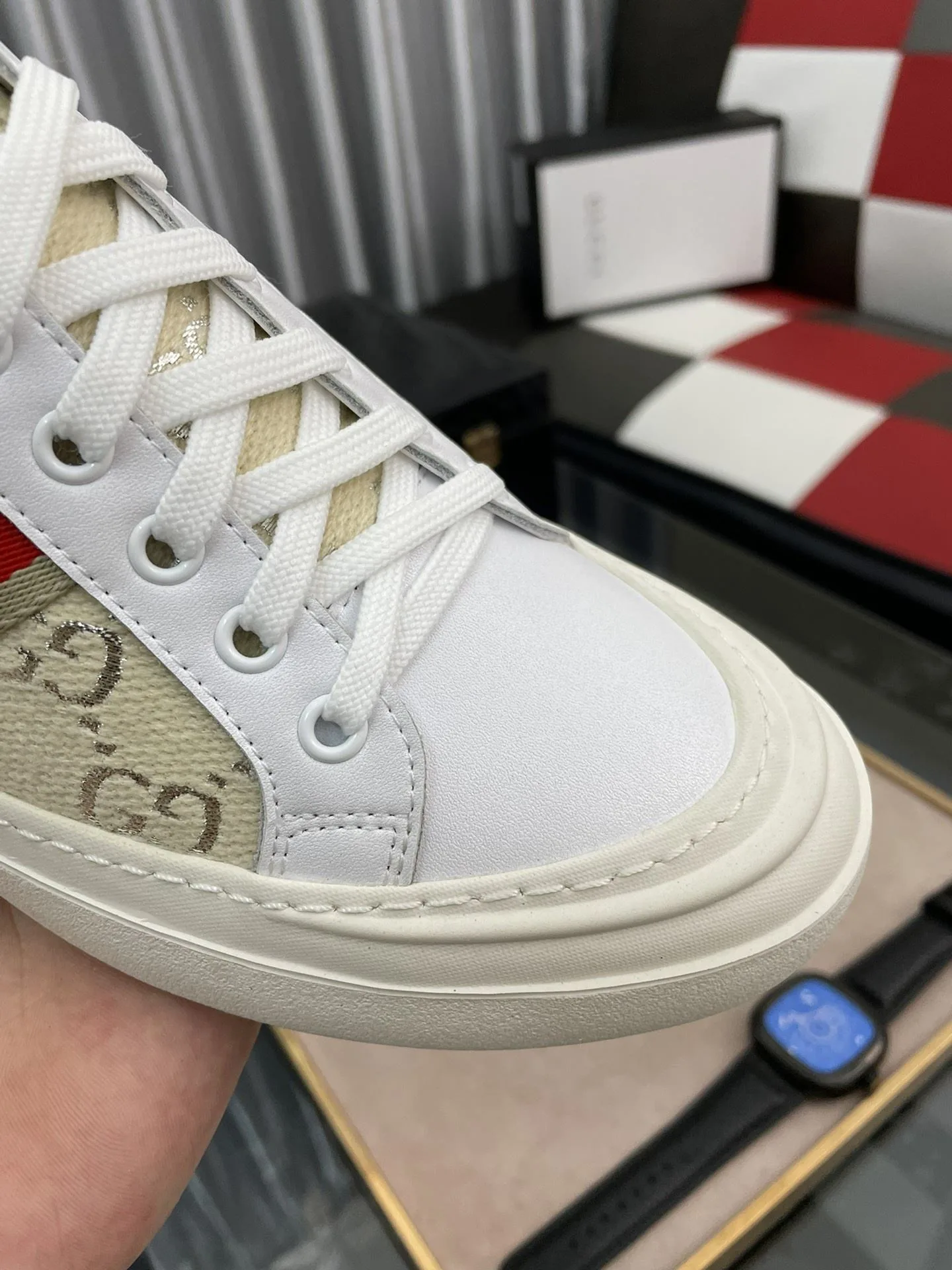 Gucci Men’s GG Embroidery Sneaker With Web White And Beige - Image 8