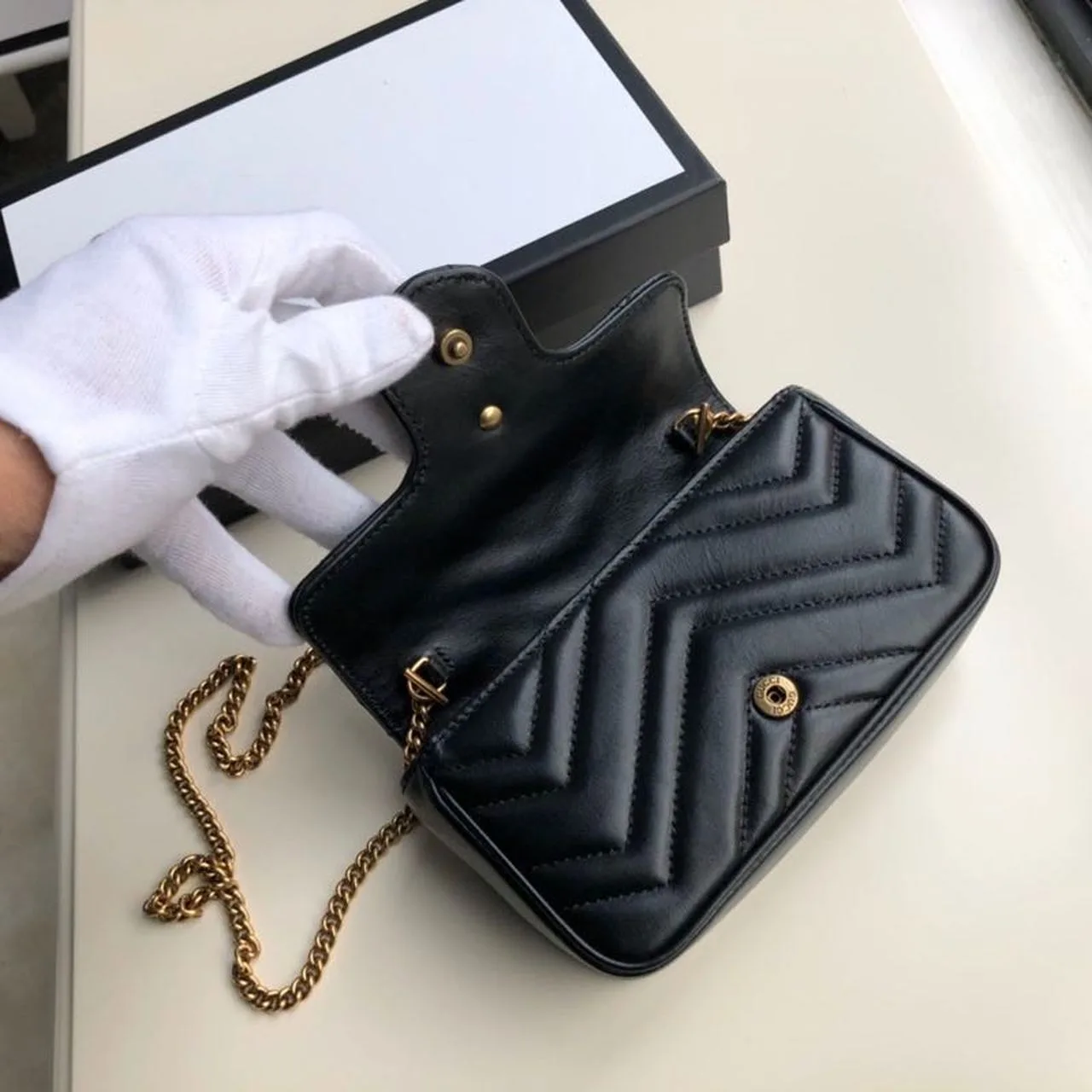 Gucci Marmont Matelassé Super Mini Bag Dusty Black Chevron / - Image 6