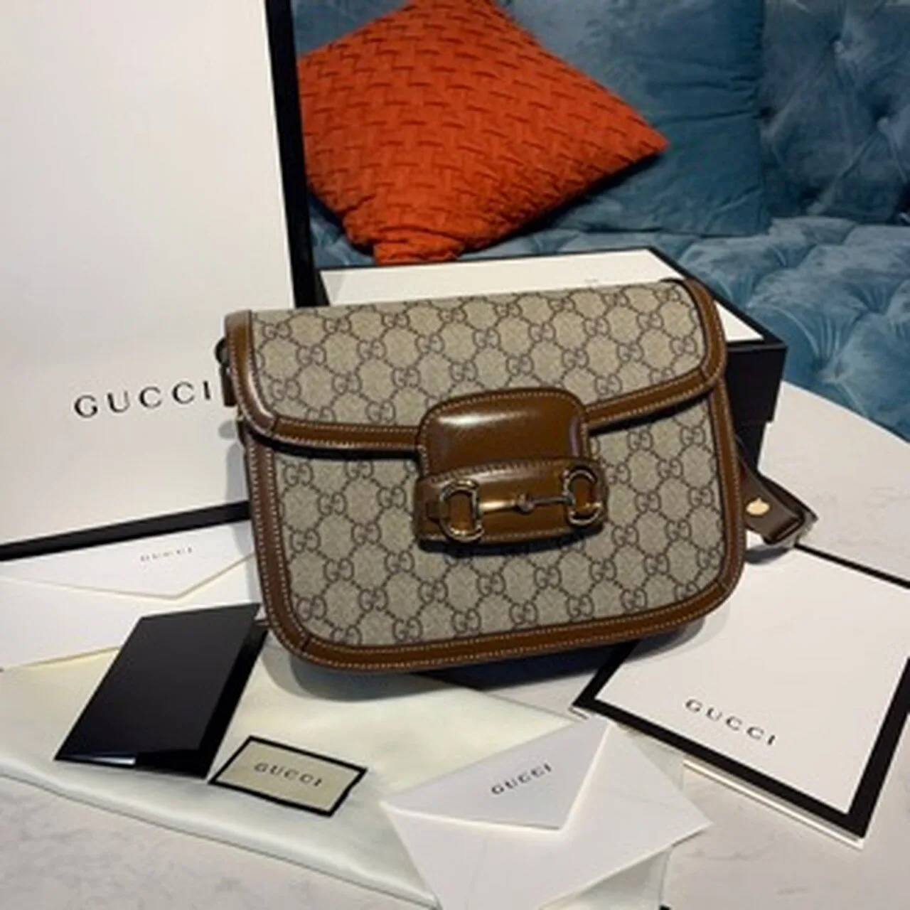 Alternative view of Gucci Horsebit 1955 Shoulder Bag Beige/Ebony GG Supreme Canvas With Brown /