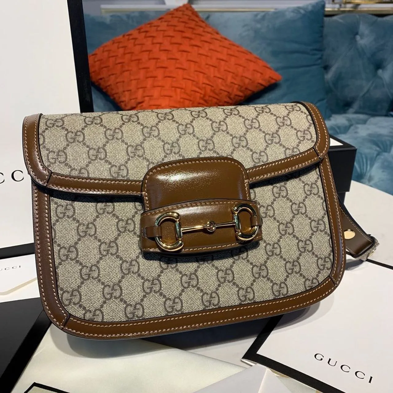 Gucci Horsebit 1955 Shoulder Bag Beige/Ebony GG Supreme Canvas With Brown / - Image 3