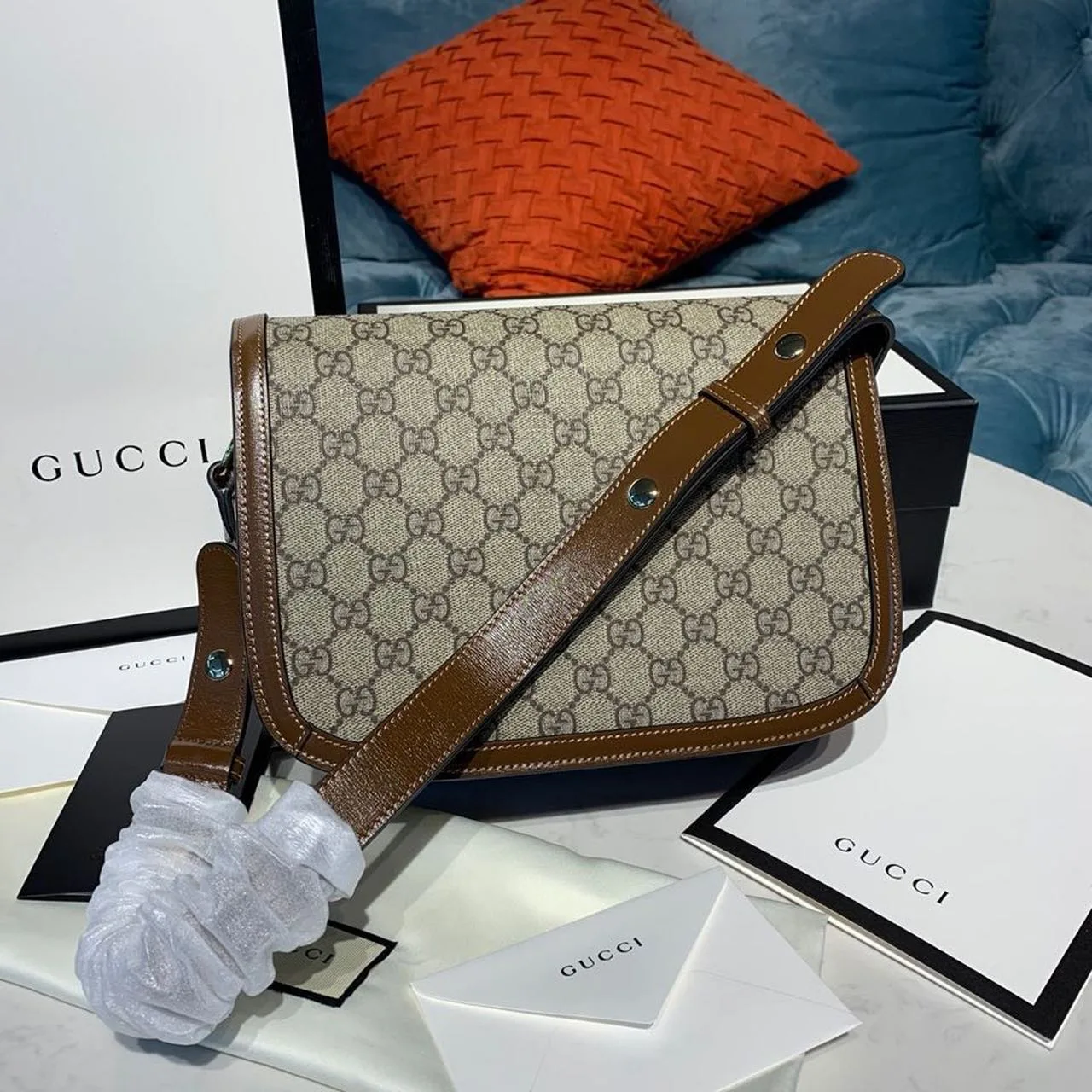 Gucci Horsebit 1955 Shoulder Bag Beige/Ebony GG Supreme Canvas With Brown / - Image 8