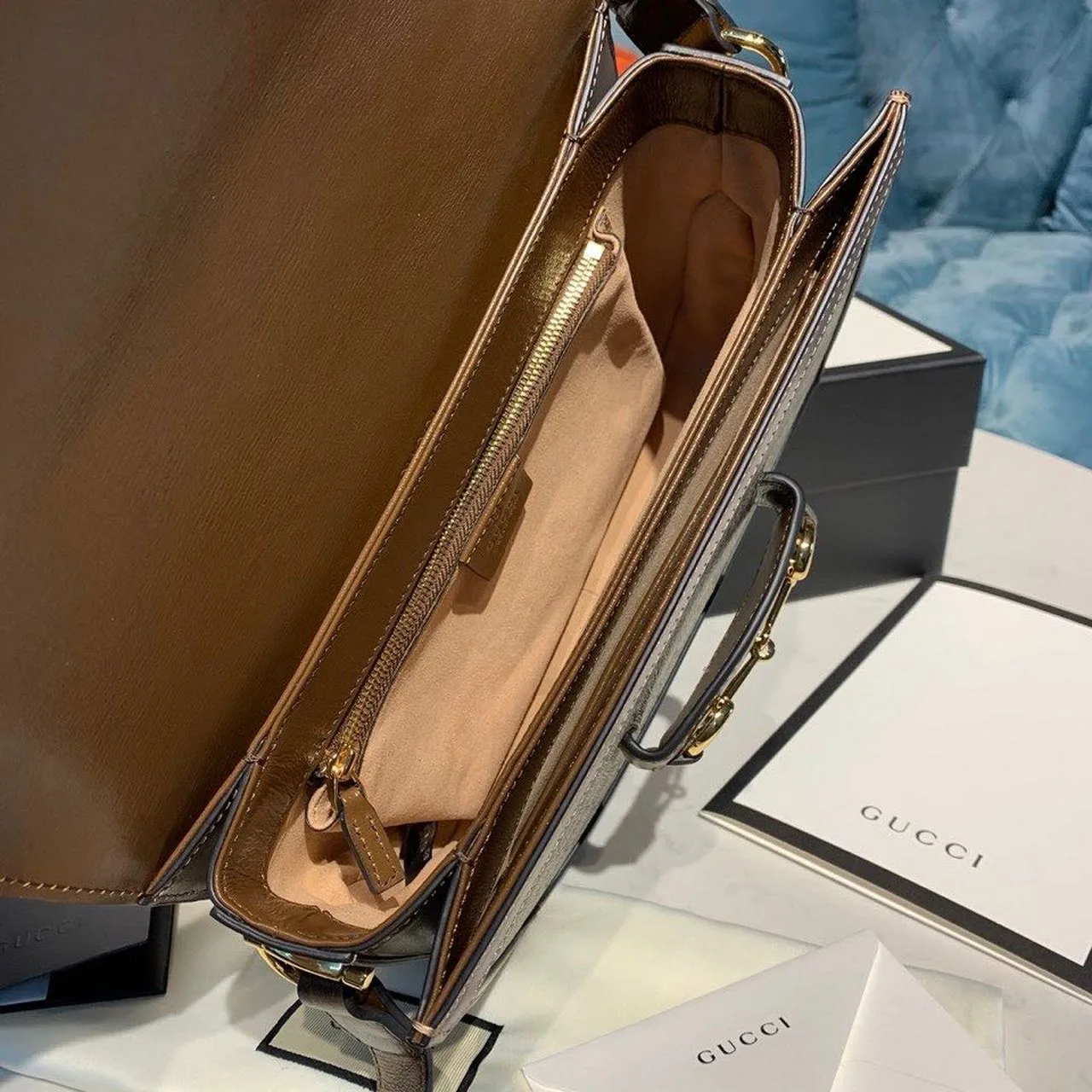 Gucci Horsebit 1955 Shoulder Bag Beige/Ebony GG Supreme Canvas With Brown / - Image 9