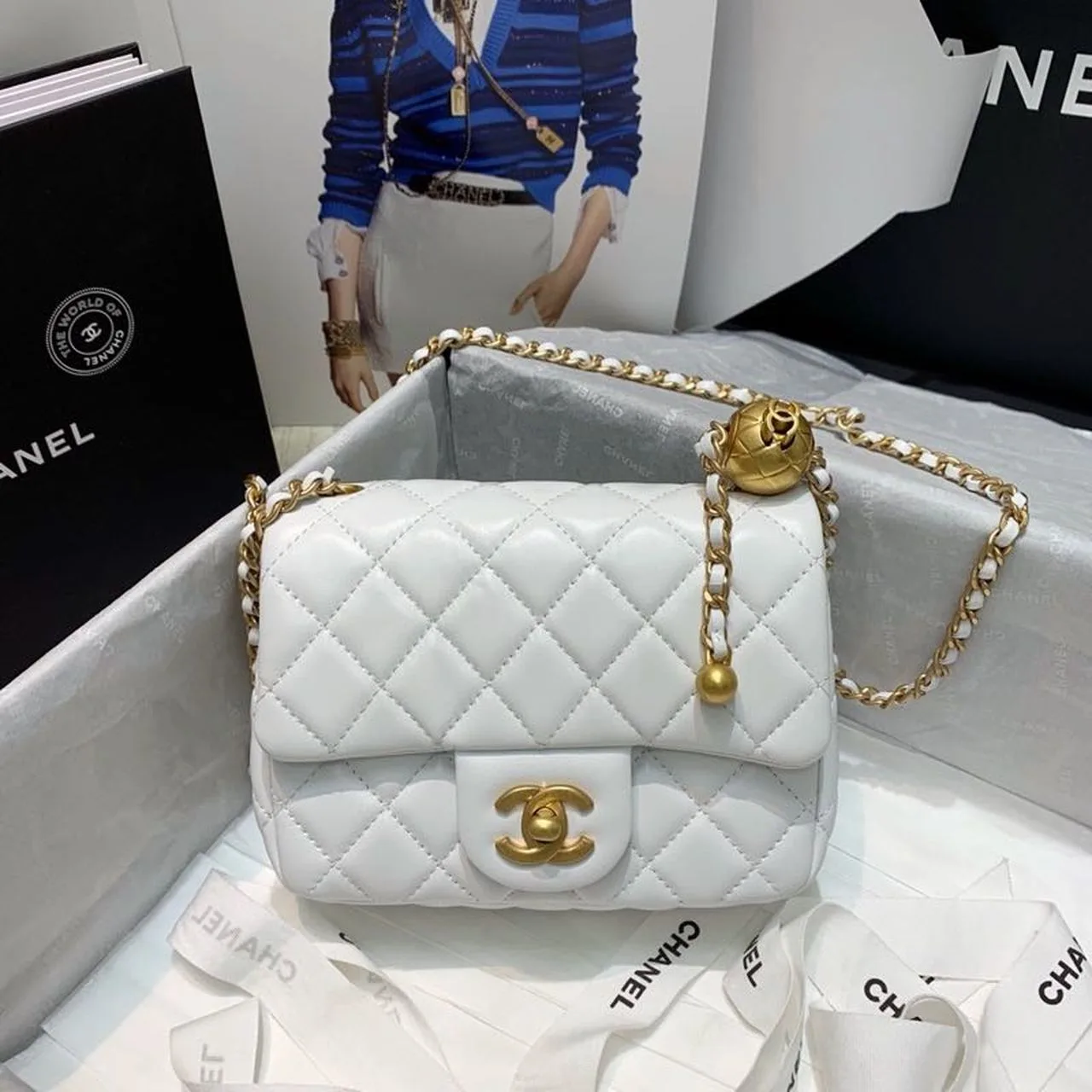 Alternative view of Chanel Flap Bag With CC Ball On Strap Mini Crossbody / White Gold Hardware