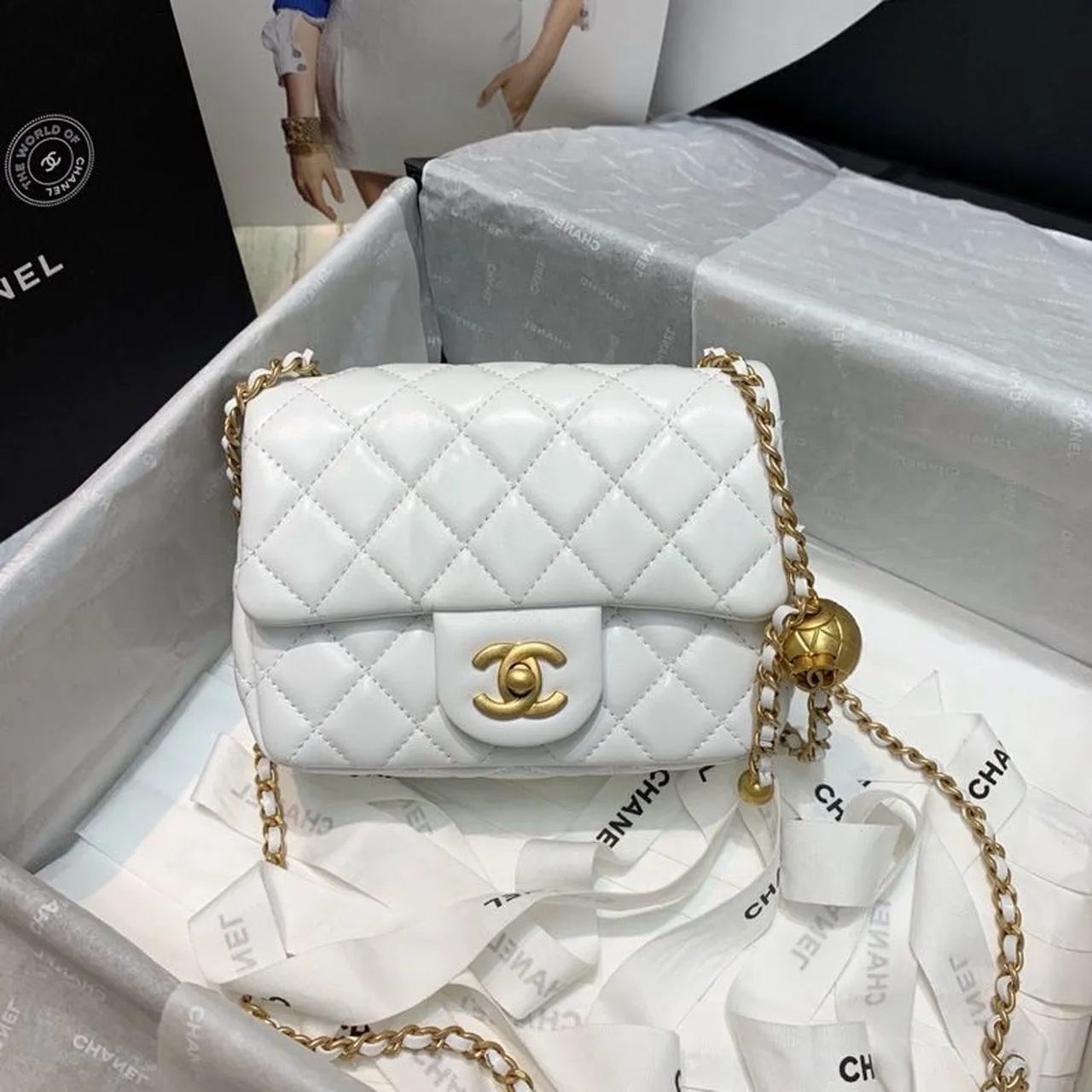 Chanel Flap Bag With CC Ball On Strap Mini Crossbody / White Gold Hardware - Image 3