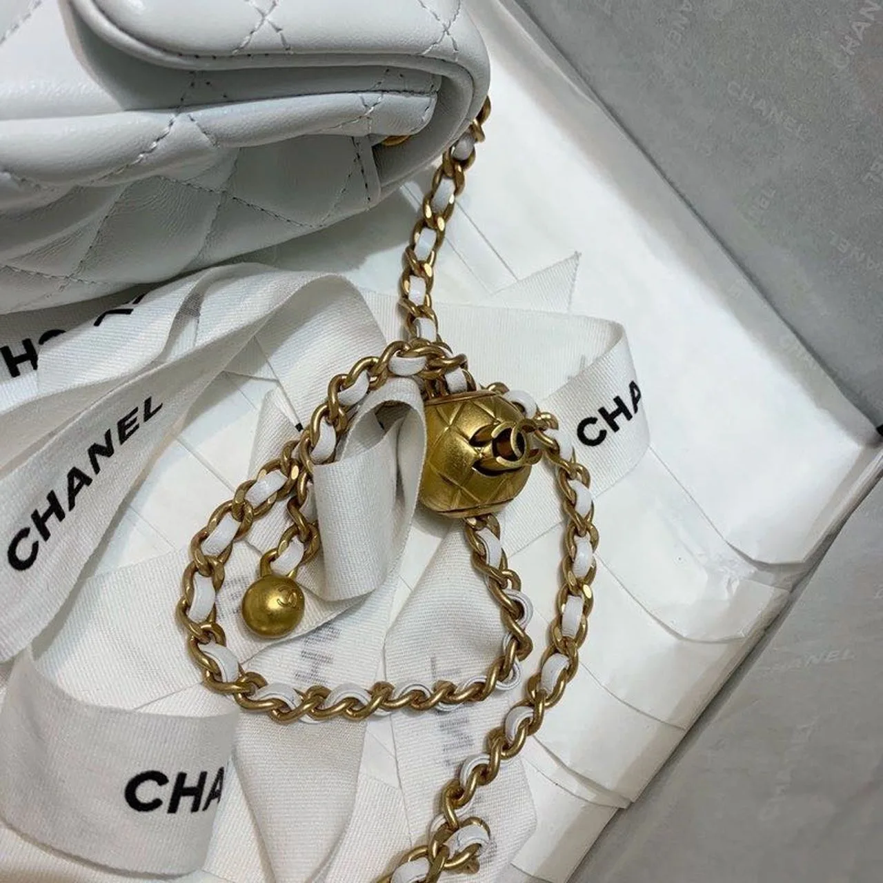 Chanel Flap Bag With CC Ball On Strap Mini Crossbody / White Gold Hardware - Image 8