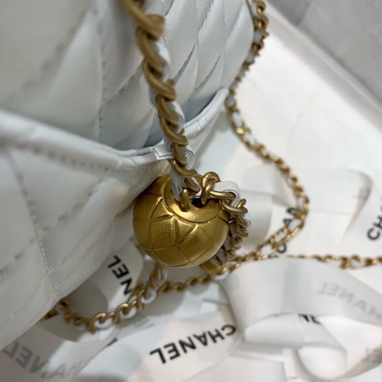 Chanel Flap Bag With CC Ball On Strap Mini Crossbody / White Gold Hardware - Image 9