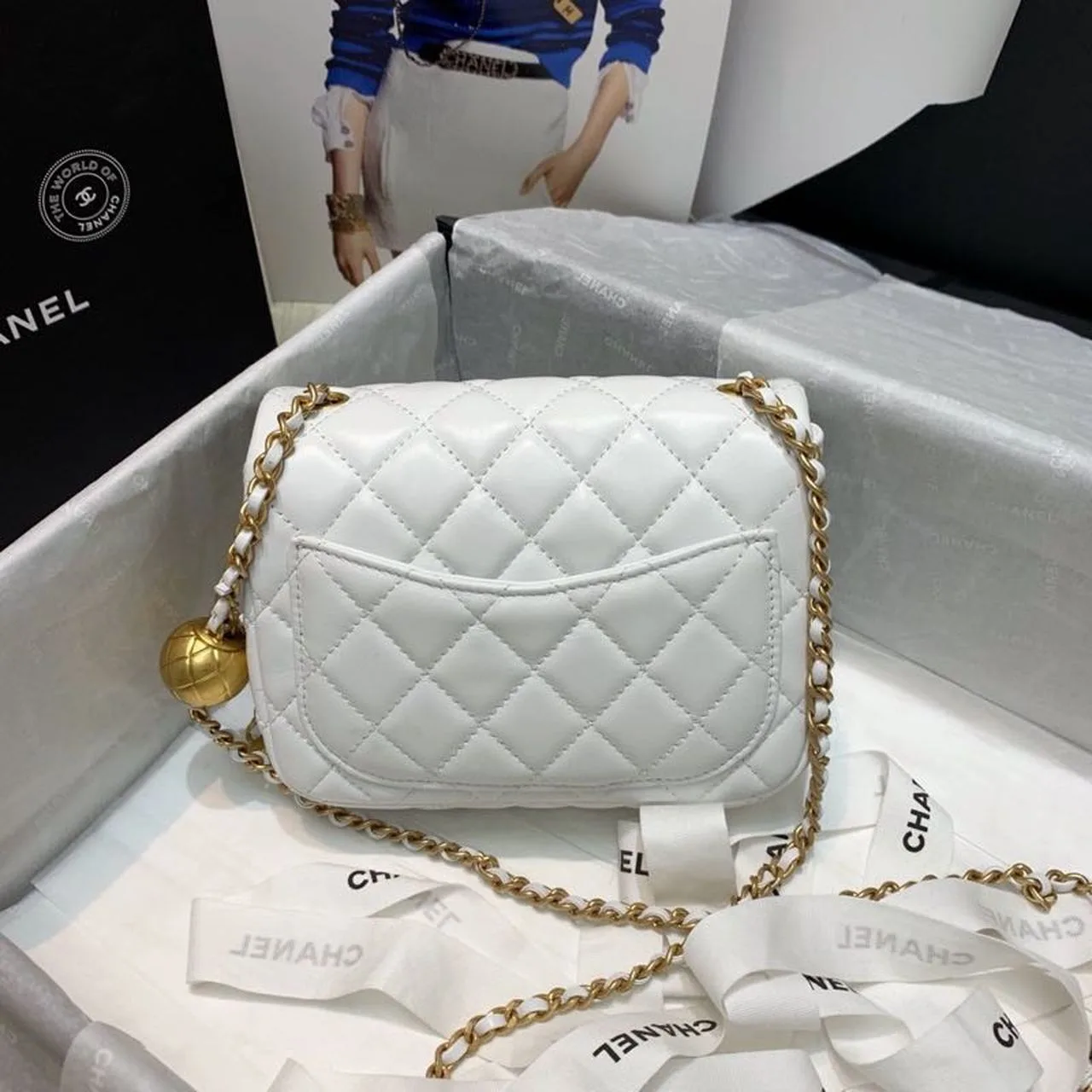 Chanel Flap Bag With CC Ball On Strap Mini Crossbody / White Gold Hardware - Image 5