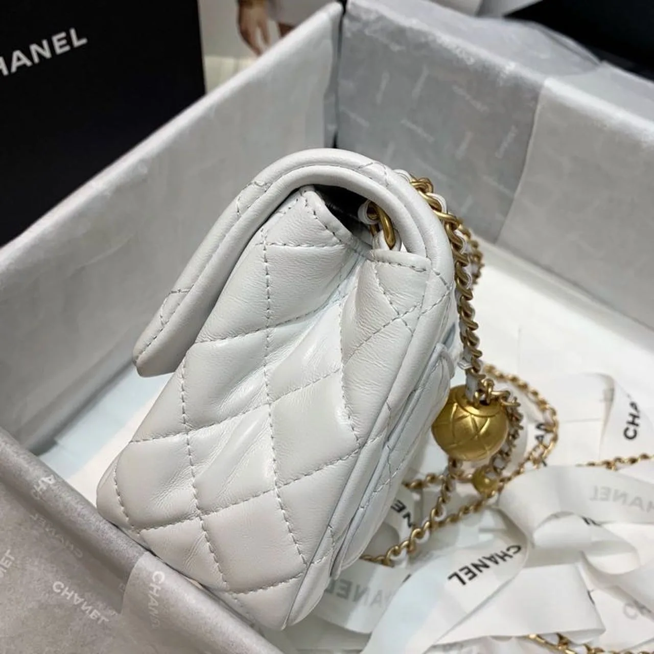 Chanel Flap Bag With CC Ball On Strap Mini Crossbody / White Gold Hardware - Image 4