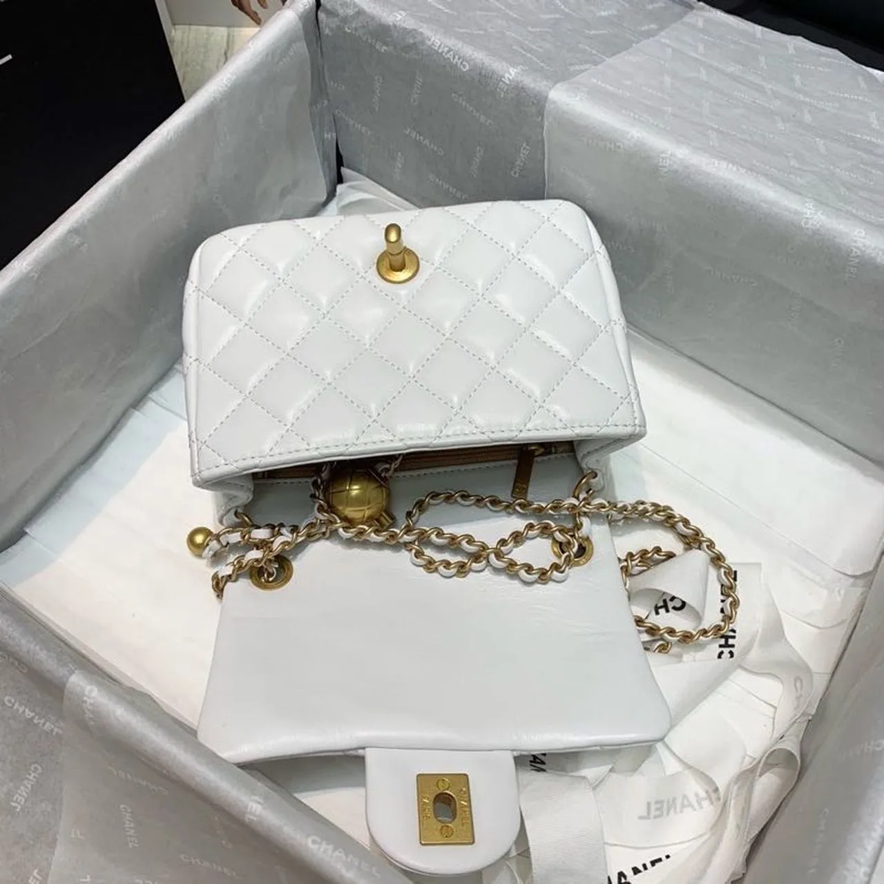 Chanel Flap Bag With CC Ball On Strap Mini Crossbody / White Gold Hardware - Image 6